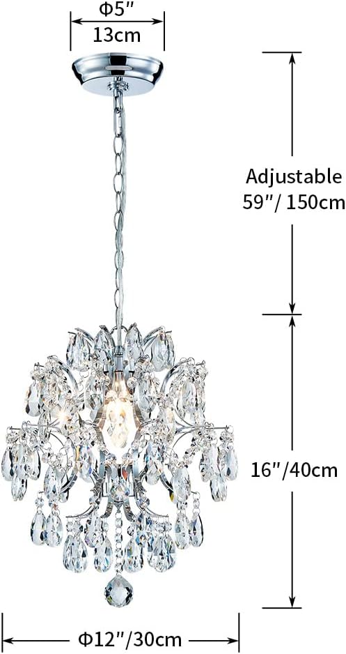 Modern Chrome Crystal Pendant Chandelier - 12'' Round Mini Ceiling Light with Adjustable Hanging Chain