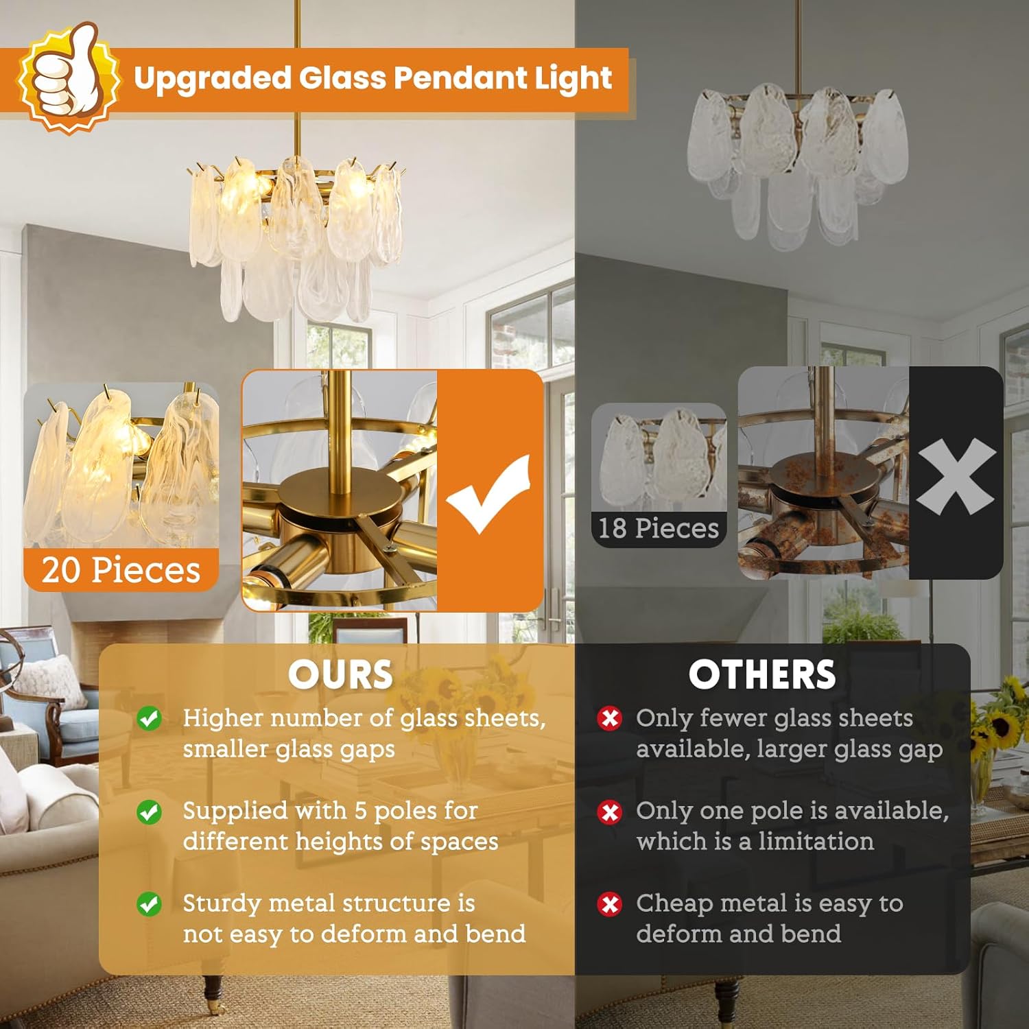 Modern Cloudy Glass Shade Gold Pendant Chandelier Light