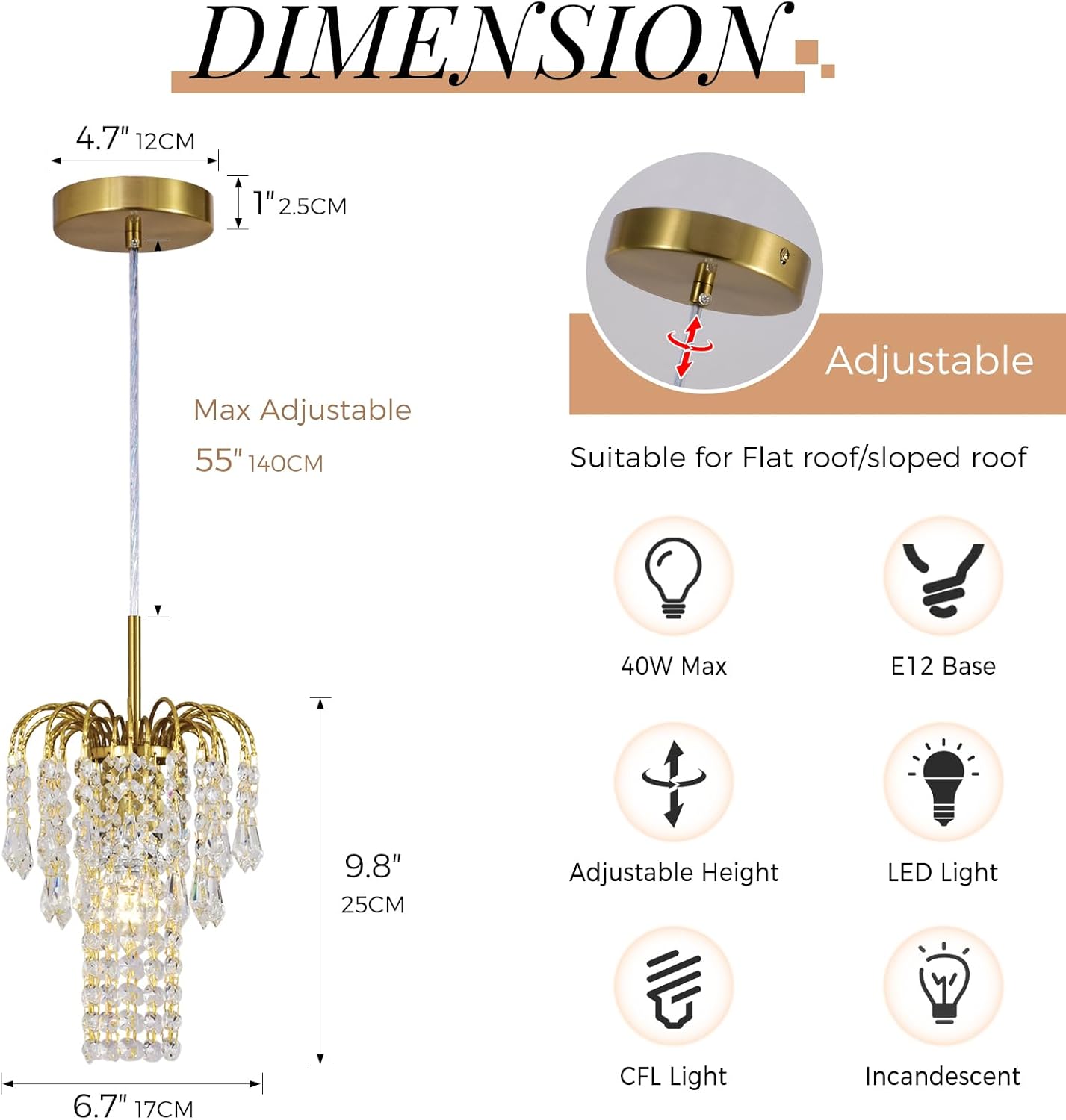 Modern Copper Gold Mini Waterfall Crystal Pendant Chandelier Adjustable E12 Hanging Light