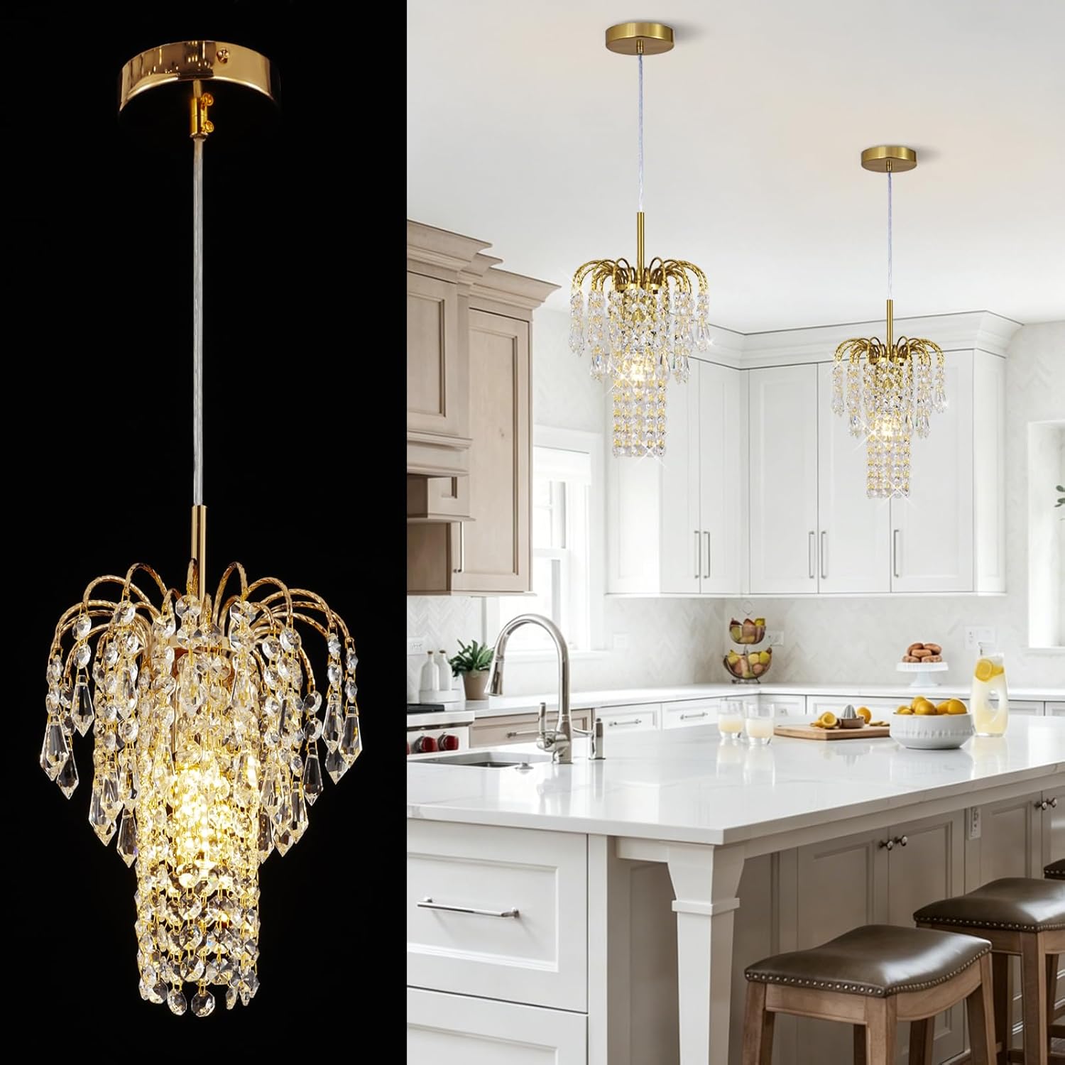 Modern Copper Gold Mini Waterfall Crystal Pendant Chandelier Adjustable E12 Hanging Light