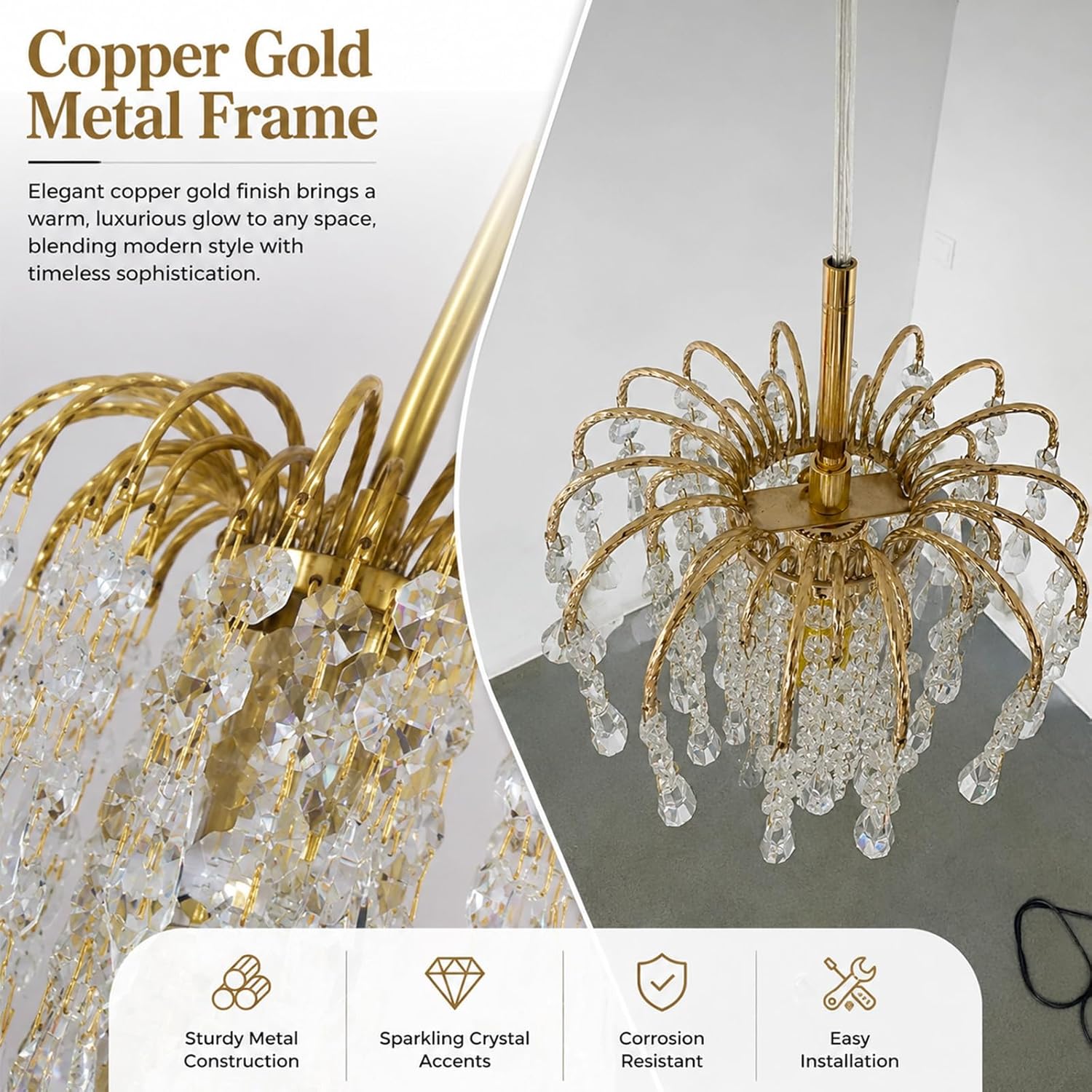 Modern Copper Gold Mini Waterfall Crystal Pendant Chandelier Adjustable E12 Hanging Light