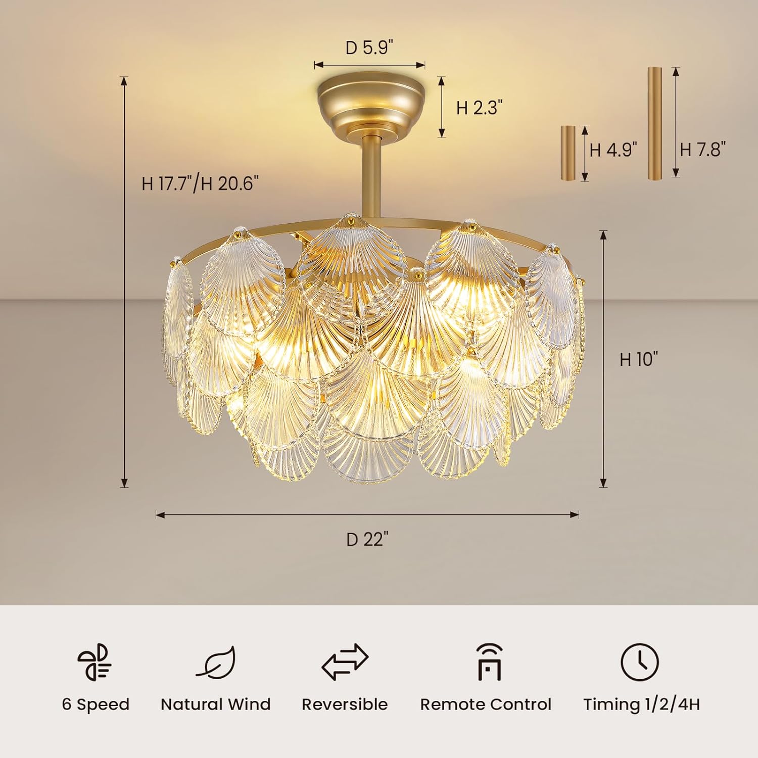 Modern Crystal Ceiling Fan Light with Shell Design, Remote Control, 22'' Dimmable 3-Color Wind Chandelier with E26 Socket