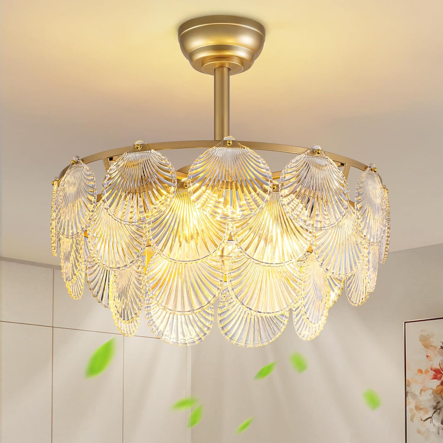 Modern Crystal Ceiling Fan Light with Shell Design, Remote Control, 22'' Dimmable 3-Color Wind Chandelier with E26 Socket