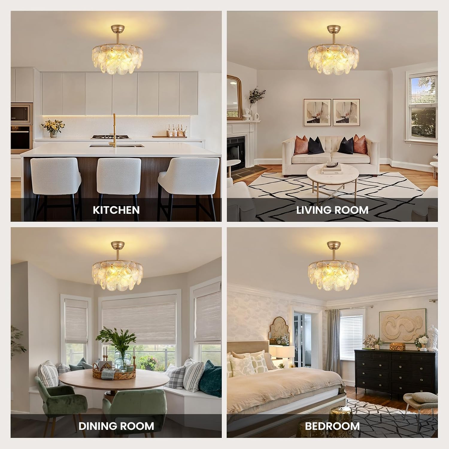 Modern Crystal Ceiling Fan Light with Shell Design, Remote Control, 22'' Dimmable 3-Color Wind Chandelier with E26 Socket
