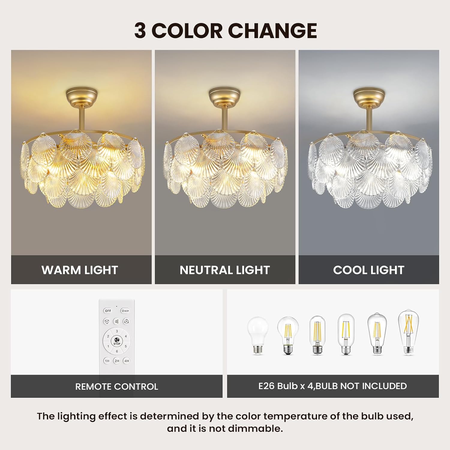 Modern Crystal Ceiling Fan Light with Shell Design, Remote Control, 22'' Dimmable 3-Color Wind Chandelier with E26 Socket