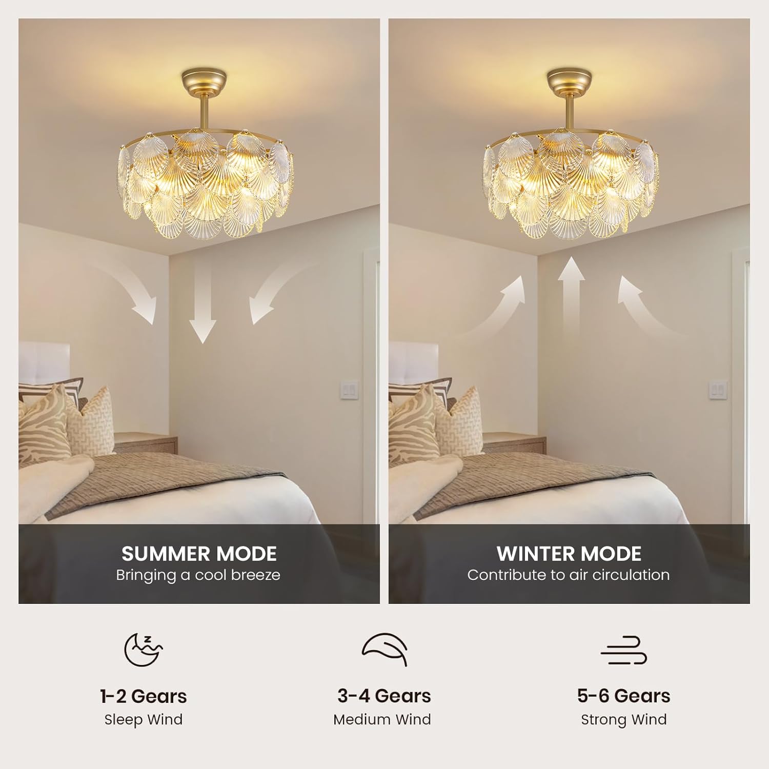 Modern Crystal Ceiling Fan Light with Shell Design, Remote Control, 22'' Dimmable 3-Color Wind Chandelier with E26 Socket