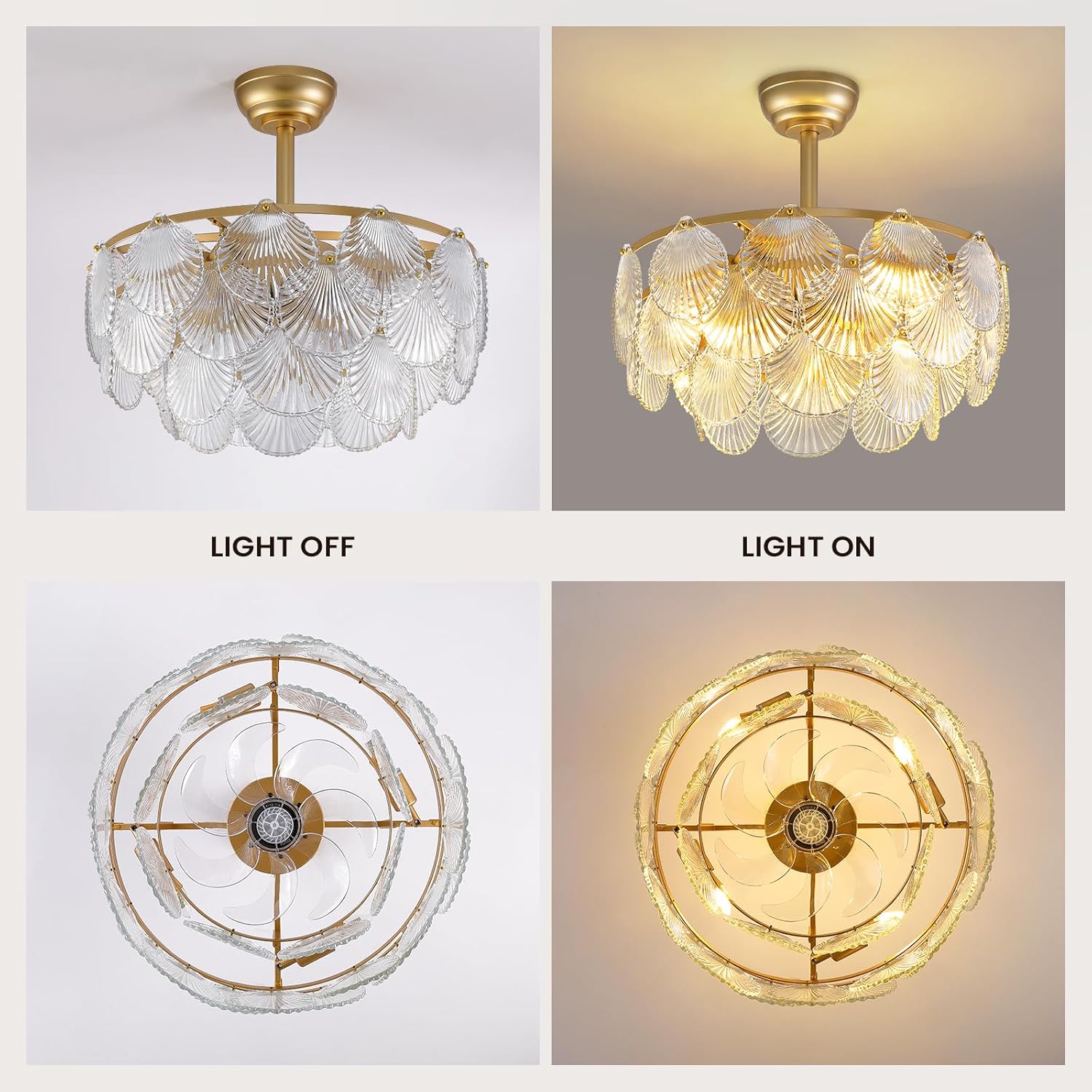 Modern Crystal Ceiling Fan Light with Shell Design, Remote Control, 22'' Dimmable 3-Color Wind Chandelier with E26 Socket