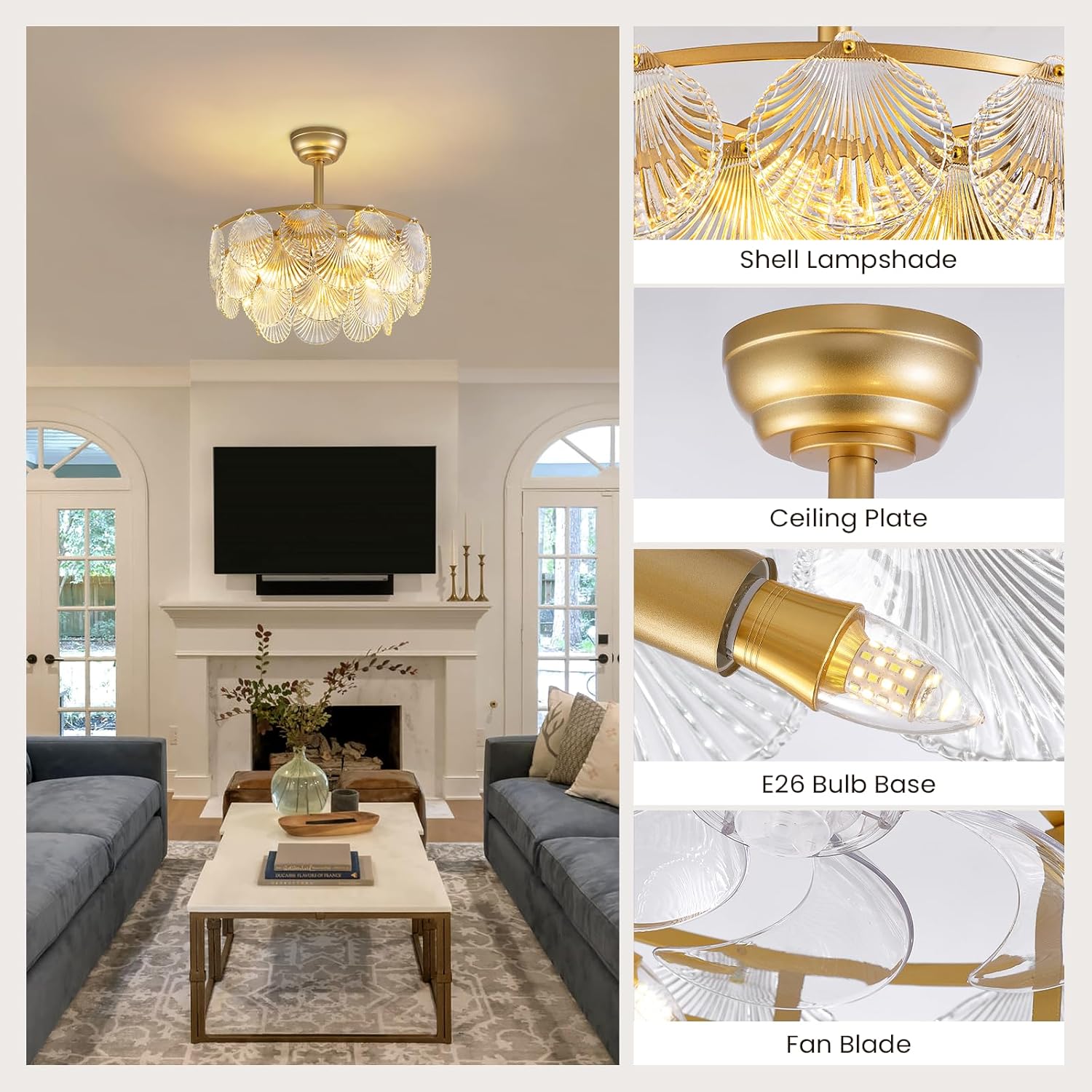 Modern Crystal Ceiling Fan Light with Shell Design, Remote Control, 22'' Dimmable 3-Color Wind Chandelier with E26 Socket
