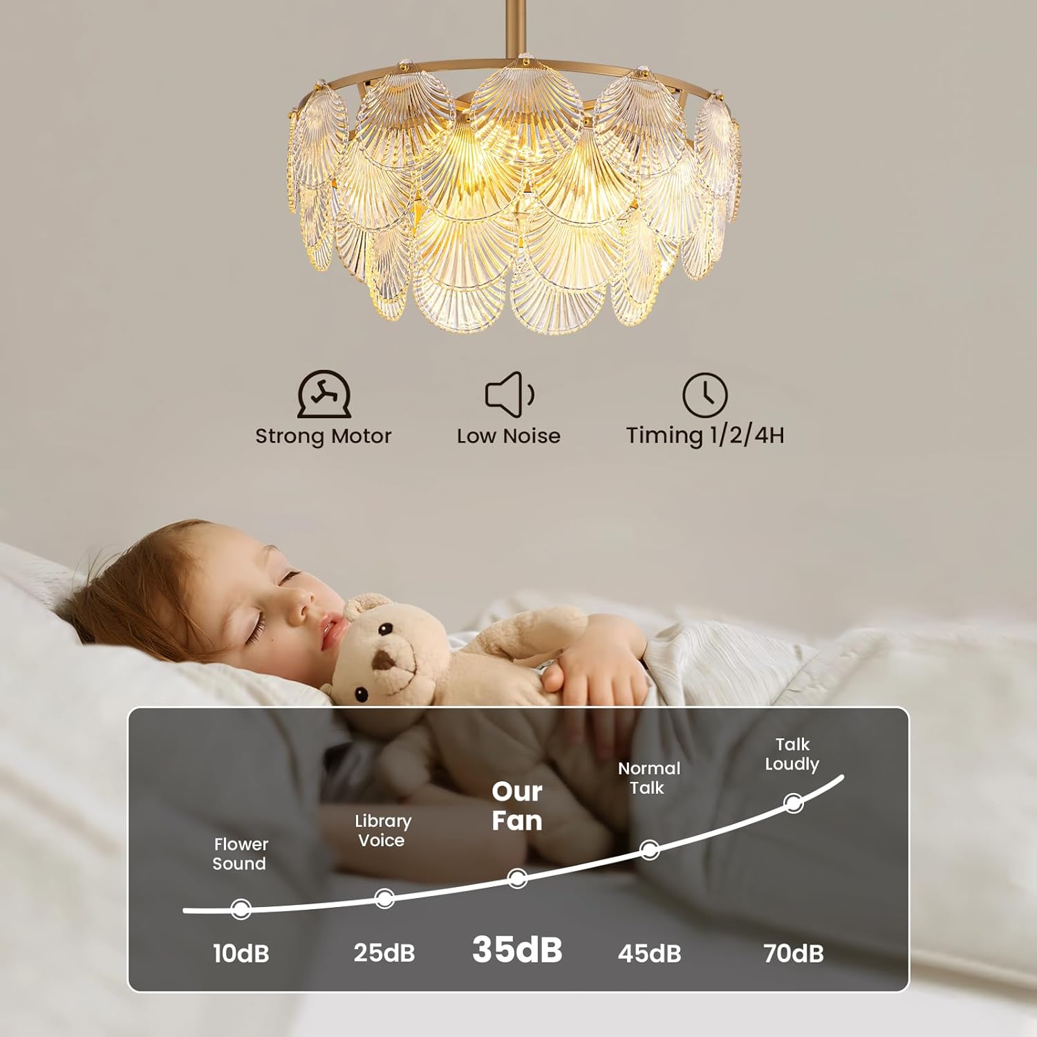 Modern Crystal Ceiling Fan Light with Shell Design, Remote Control, 22'' Dimmable 3-Color Wind Chandelier with E26 Socket