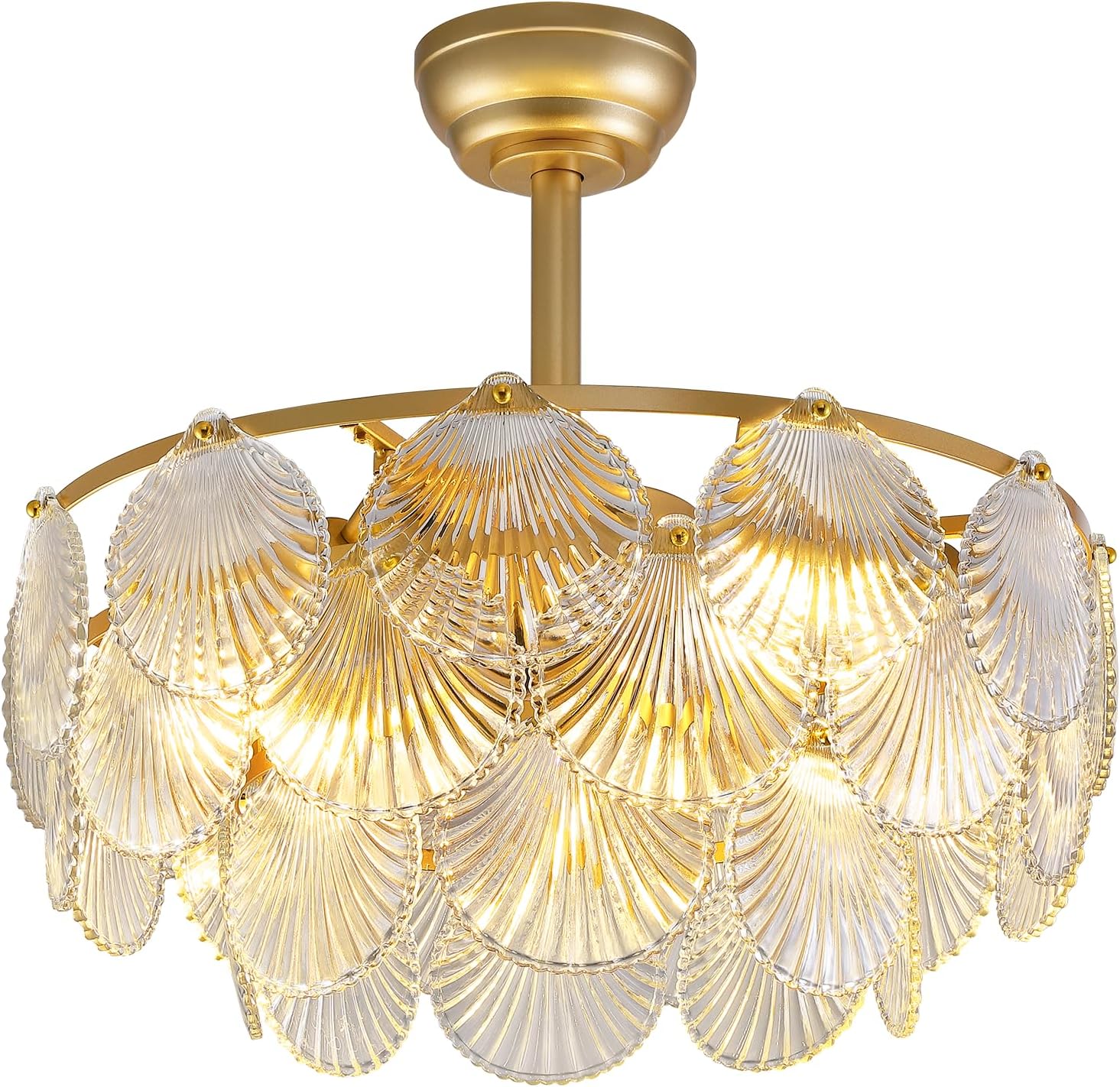 Modern Crystal Ceiling Fan Light with Shell Design, Remote Control, 22'' Dimmable 3-Color Wind Chandelier with E26 Socket