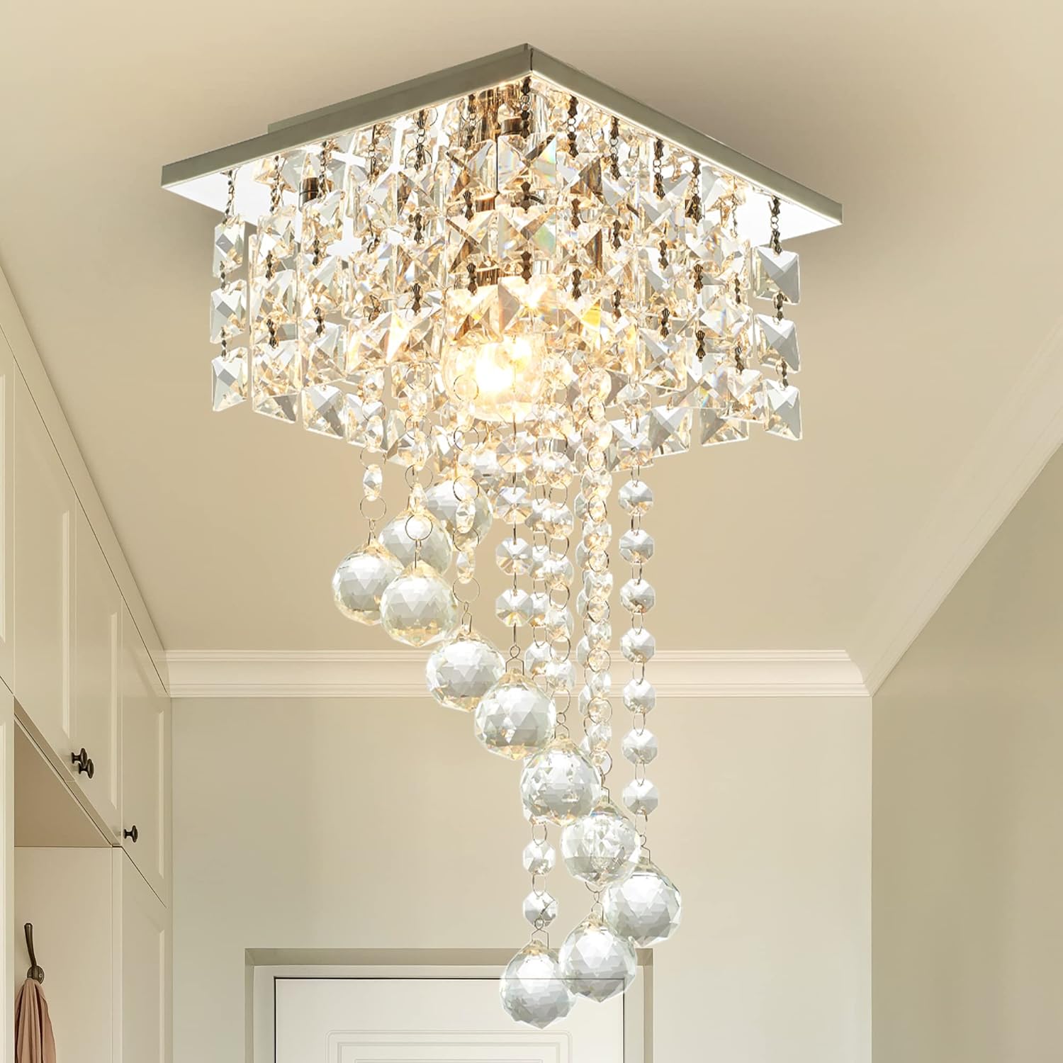 Modern Crystal Ceiling Light Fixture Flush Mount with Raindrop Design, 7.9'' Square LED Chandelier Lighting for Hallway, Bedroom, Living Room