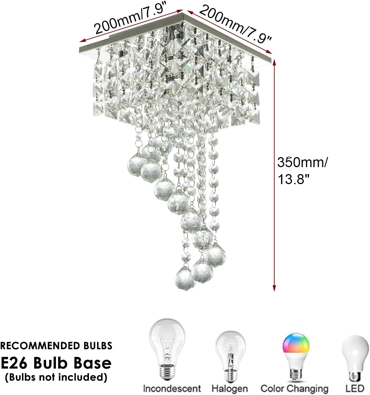 Modern Crystal Ceiling Light Fixture Flush Mount with Raindrop Design, 7.9'' Square LED Chandelier Lighting for Hallway, Bedroom, Living Room