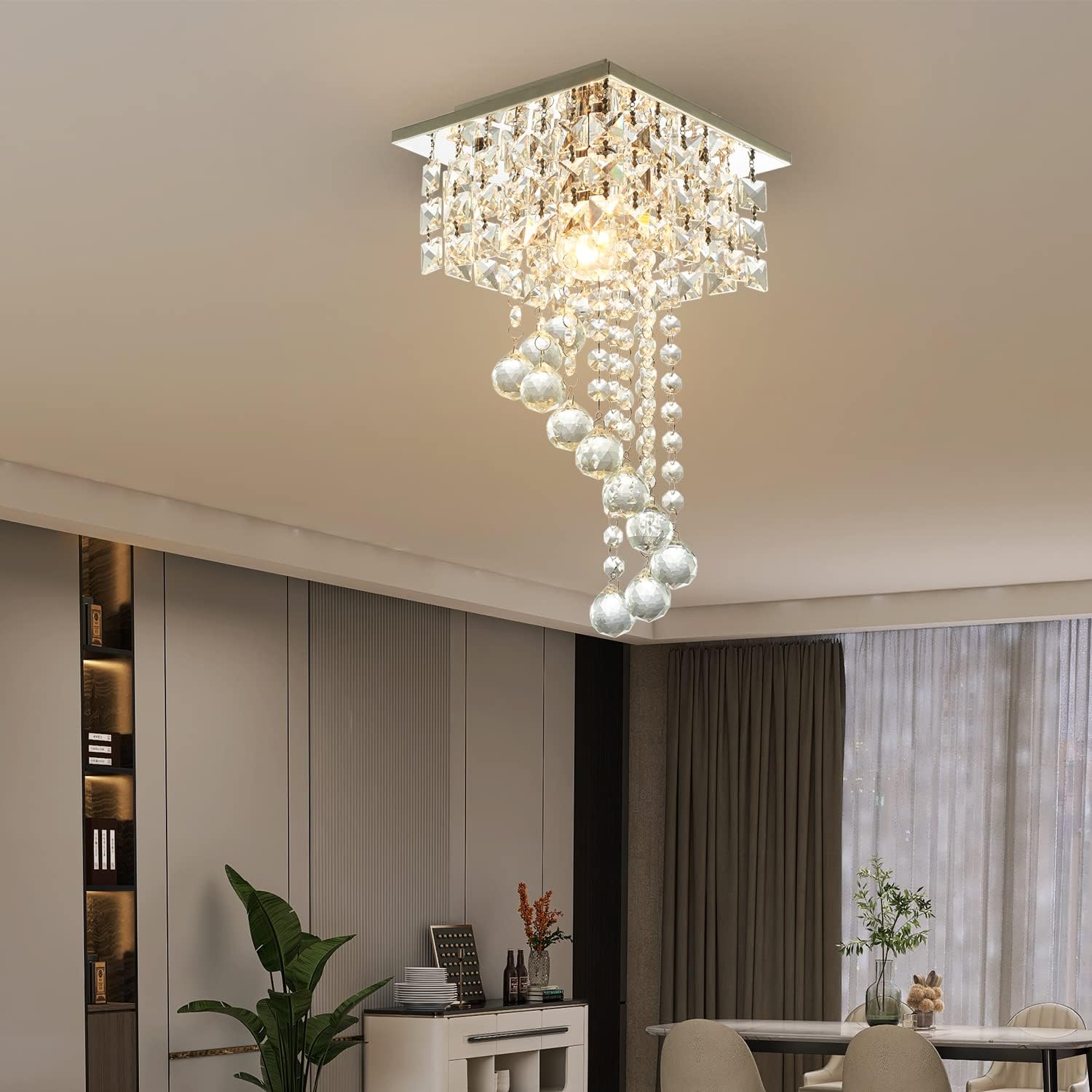 Modern Crystal Ceiling Light Fixture Flush Mount with Raindrop Design, 7.9'' Square LED Chandelier Lighting for Hallway, Bedroom, Living Room