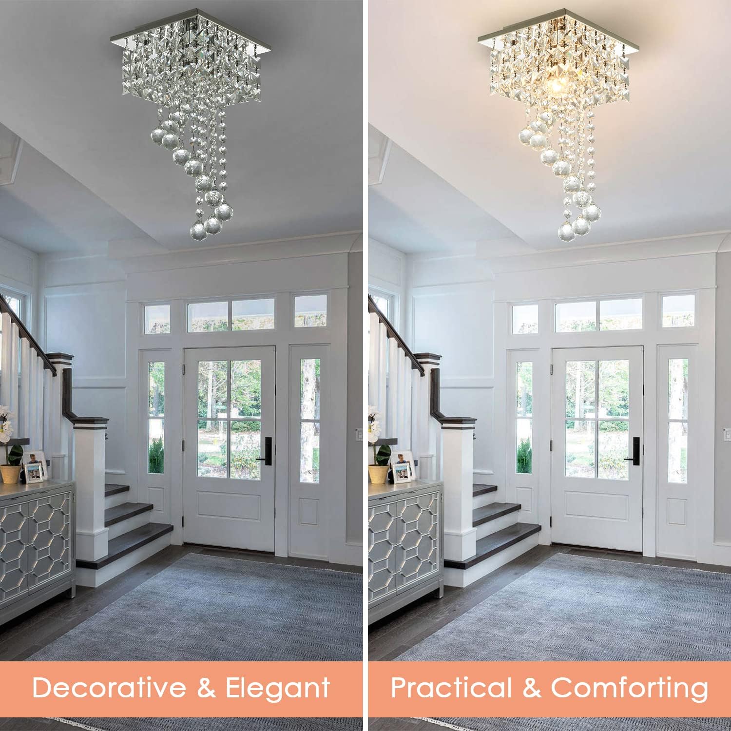 Modern Crystal Ceiling Light Fixture Flush Mount with Raindrop Design, 7.9'' Square LED Chandelier Lighting for Hallway, Bedroom, Living Room