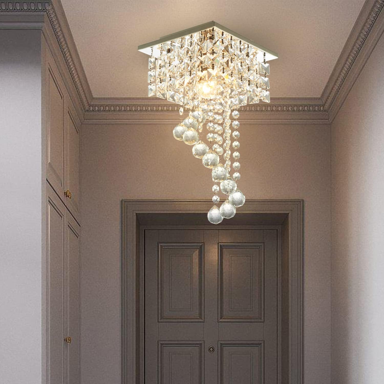 Modern Crystal Ceiling Light Fixture Flush Mount with Raindrop Design, 7.9'' Square LED Chandelier Lighting for Hallway, Bedroom, Living Room