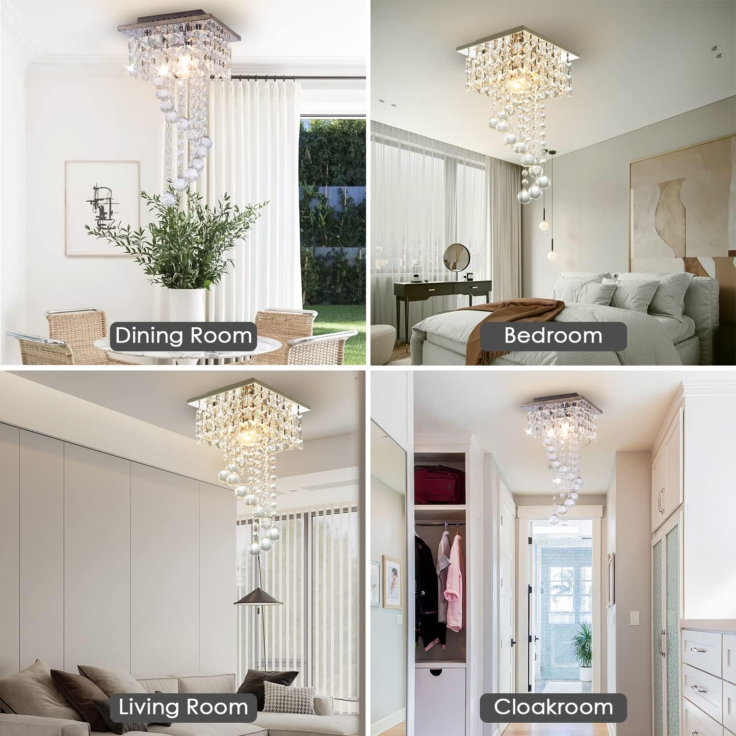 Modern Crystal Ceiling Light Fixture Flush Mount with Raindrop Design, 7.9'' Square LED Chandelier Lighting for Hallway, Bedroom, Living Room