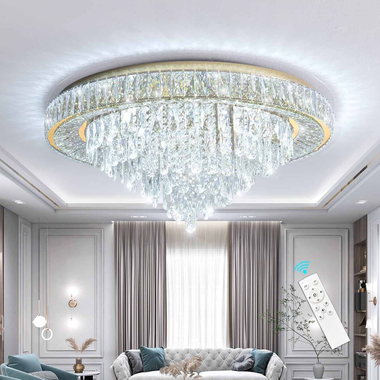 Luxury Crystal Chandelier – Modern Dimmable LED Round Ceiling Light with Remote & APP Control