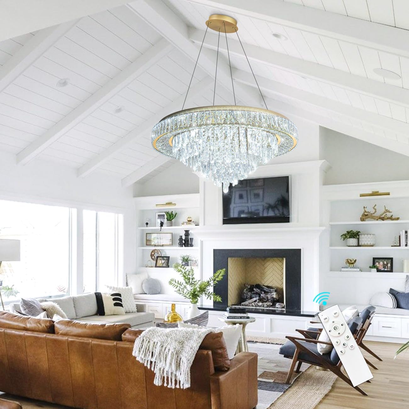 Luxury Crystal Chandelier – Modern Dimmable LED Round Ceiling Light with Remote & APP Control