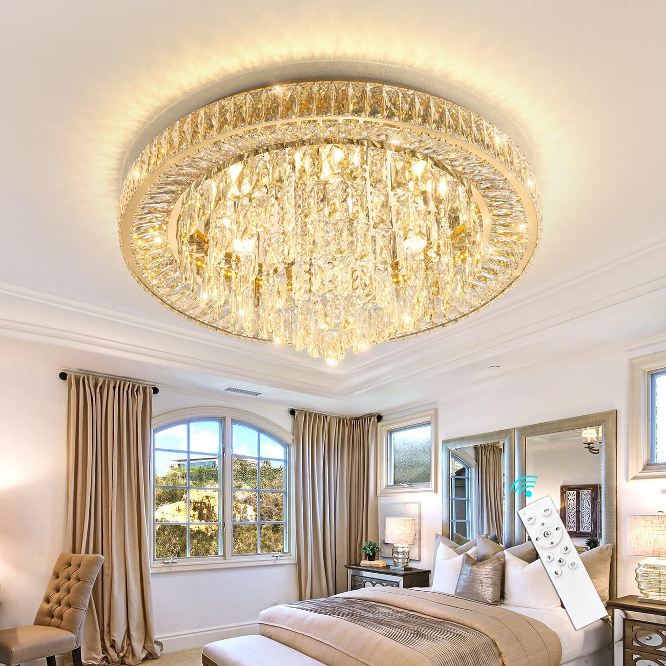 Luxury Crystal Chandelier – Modern Dimmable LED Round Ceiling Light with Remote & APP Control