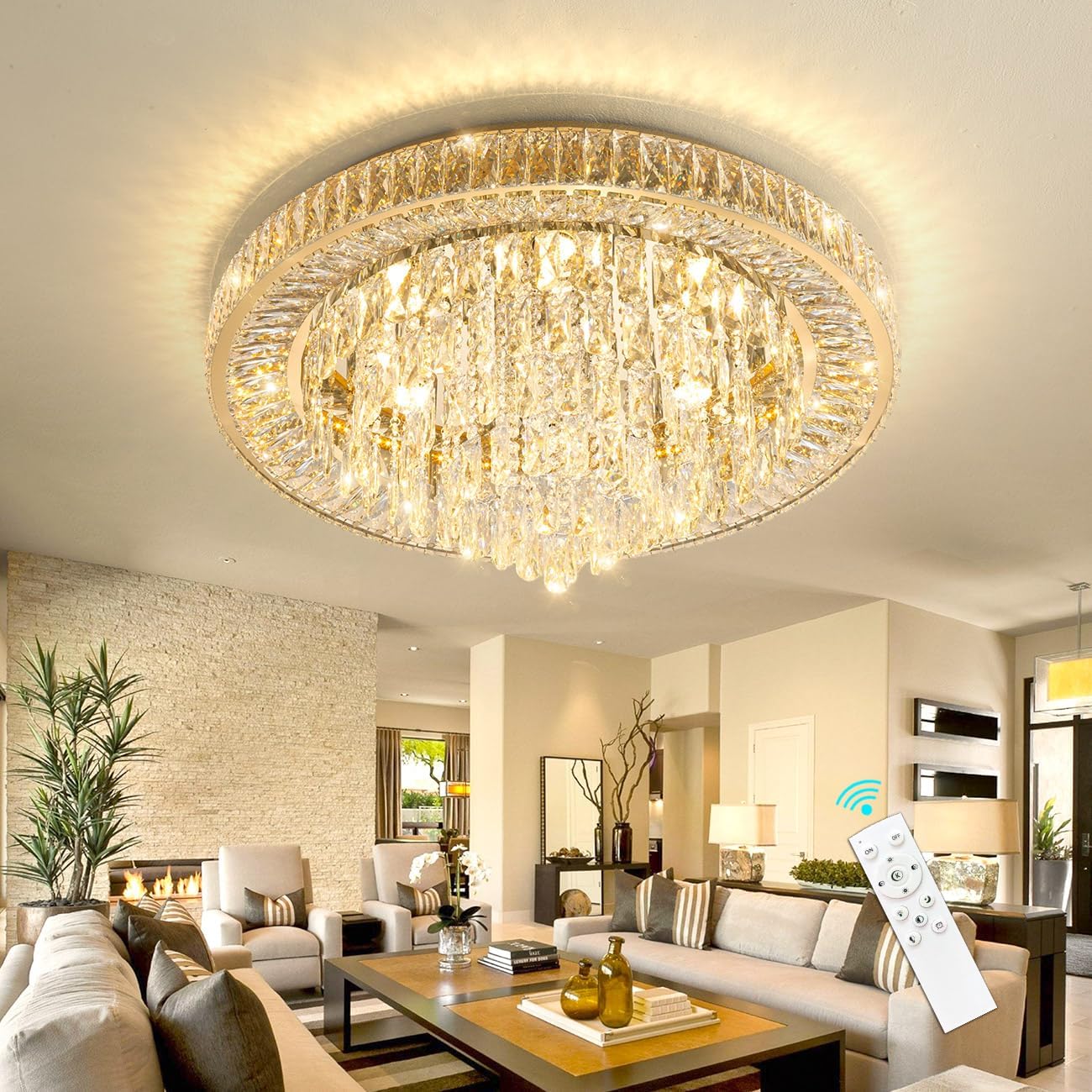 Luxury Crystal Chandelier – Modern Dimmable LED Round Ceiling Light with Remote & APP Control