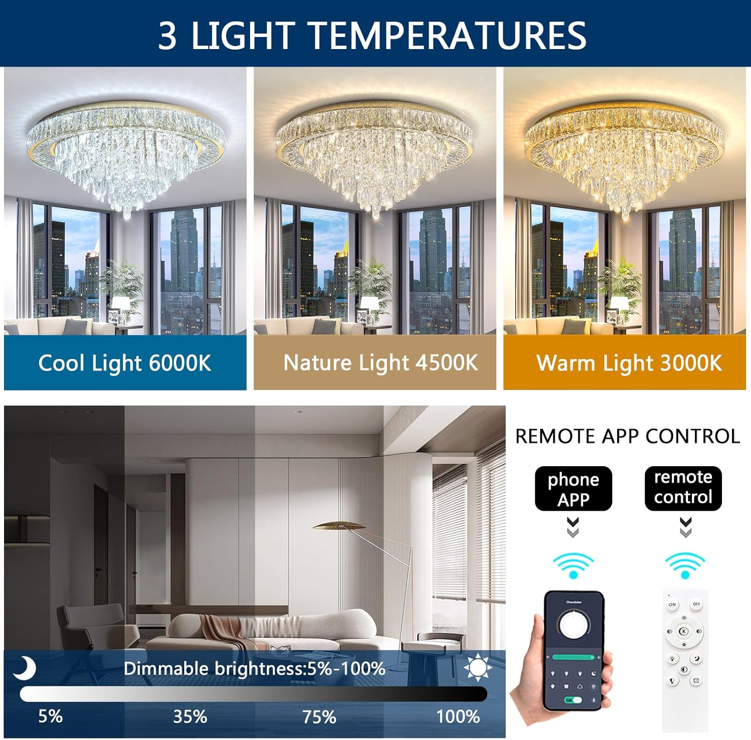 Luxury Crystal Chandelier – Modern Dimmable LED Round Ceiling Light with Remote & APP Control