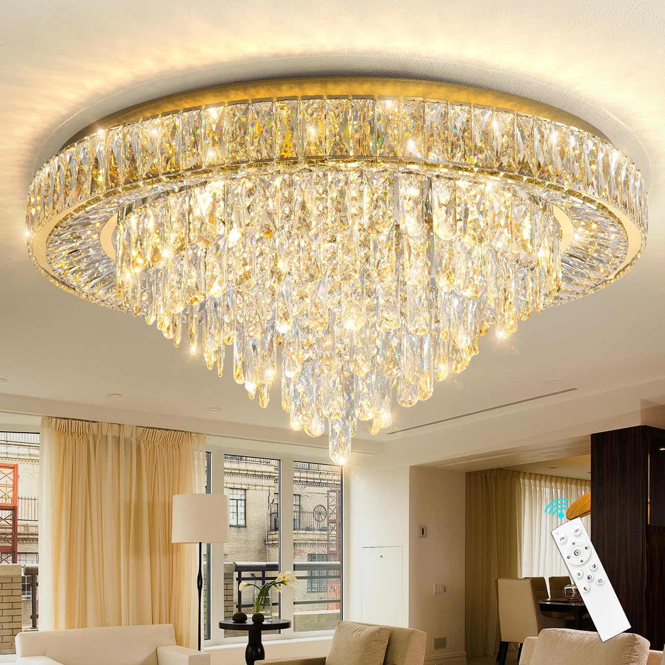 Luxury Crystal Chandelier – Modern Dimmable LED Round Ceiling Light with Remote & APP Control
