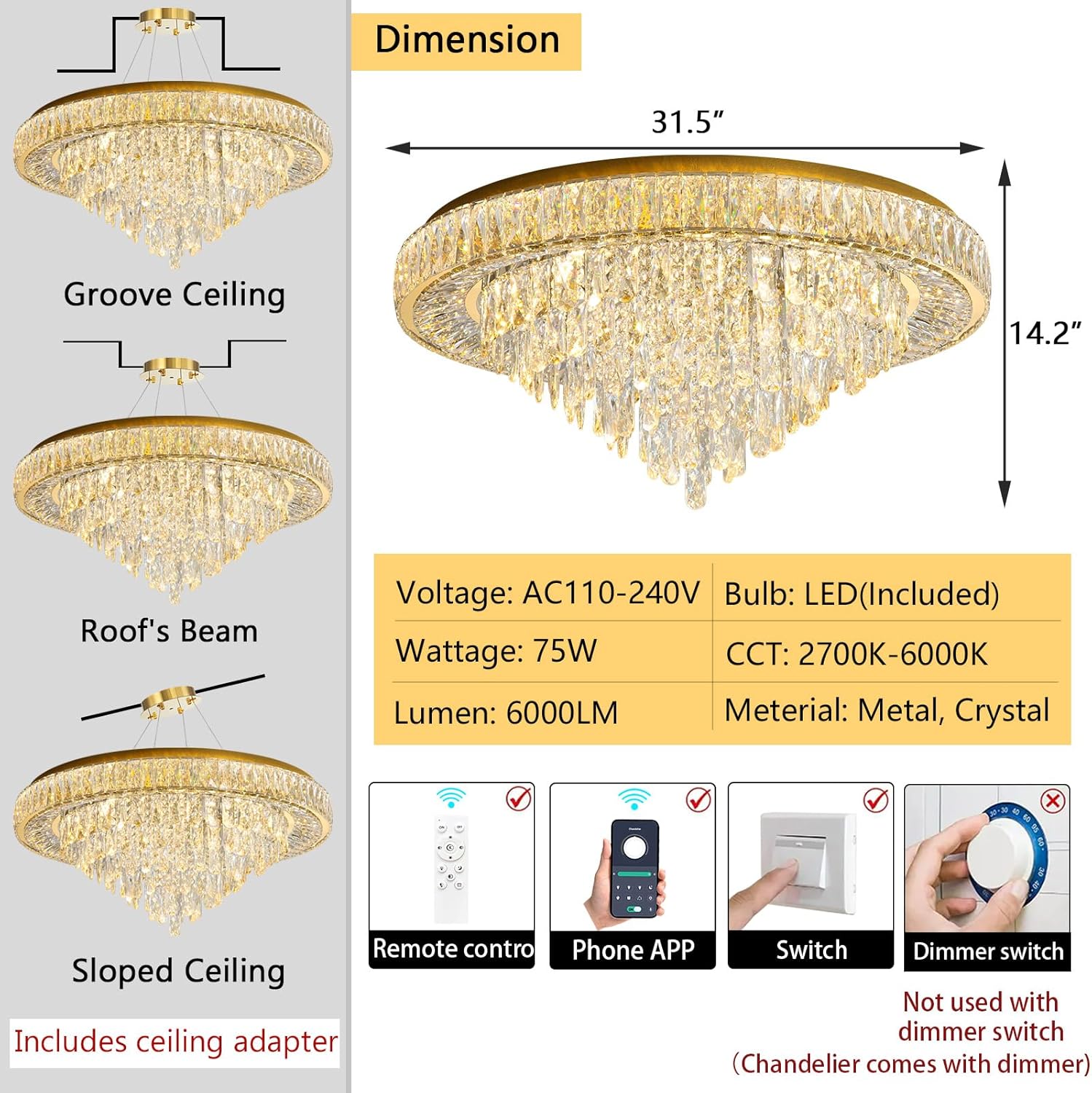 Luxury Crystal Chandelier – Modern Dimmable LED Round Ceiling Light with Remote & APP Control