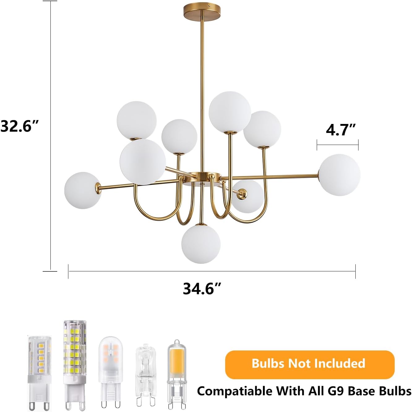 Modern Gold 10-Light Globe Chandelier with G9 Glass Shades
