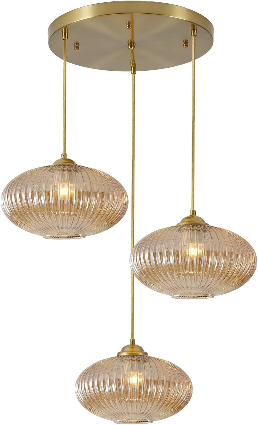 Modern Gold 3-Light Ribbed Glass Cluster Pendant Chandelier for Staircase and Foyer