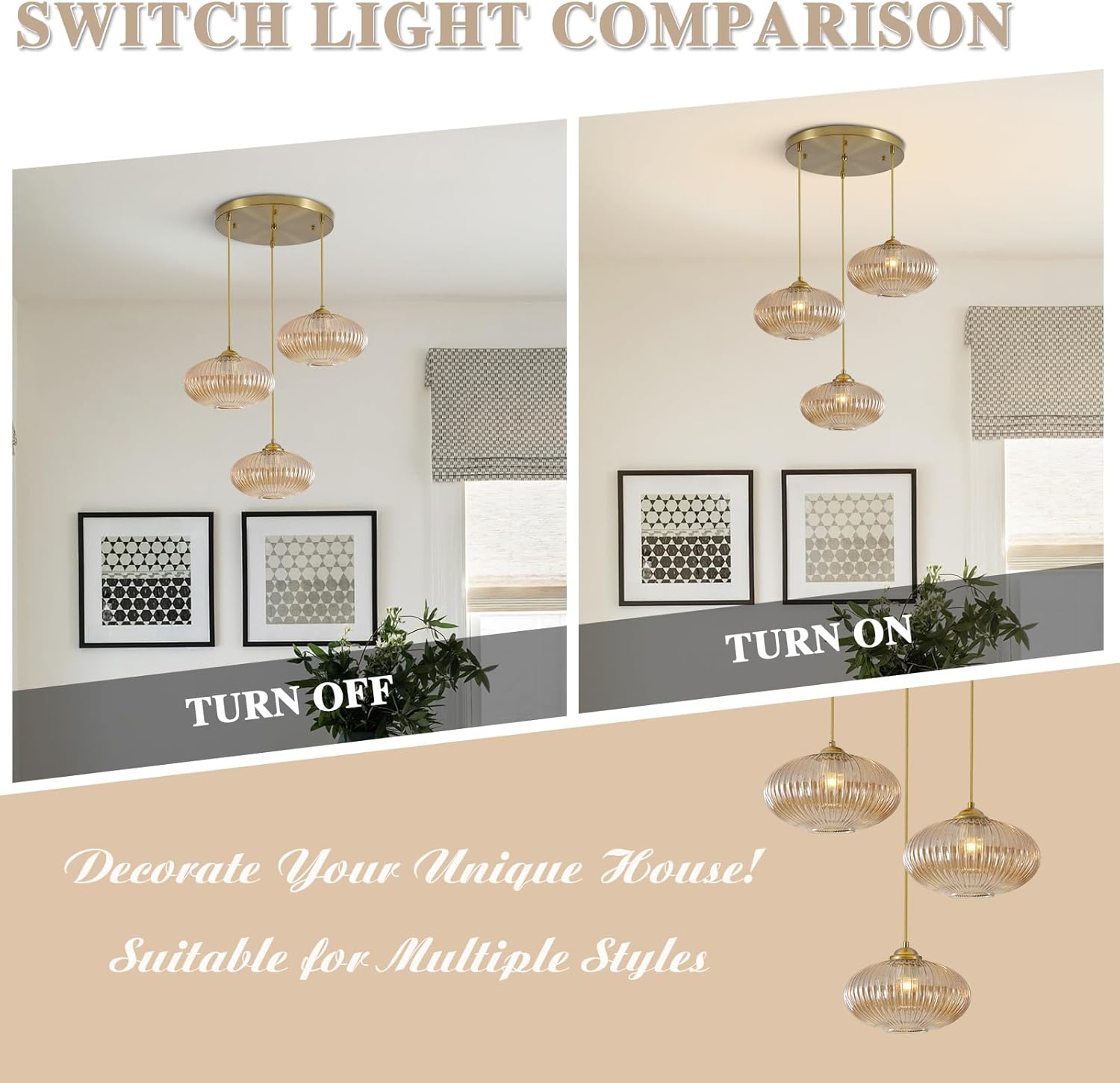 Modern Gold 3-Light Ribbed Glass Cluster Pendant Chandelier for Staircase and Foyer