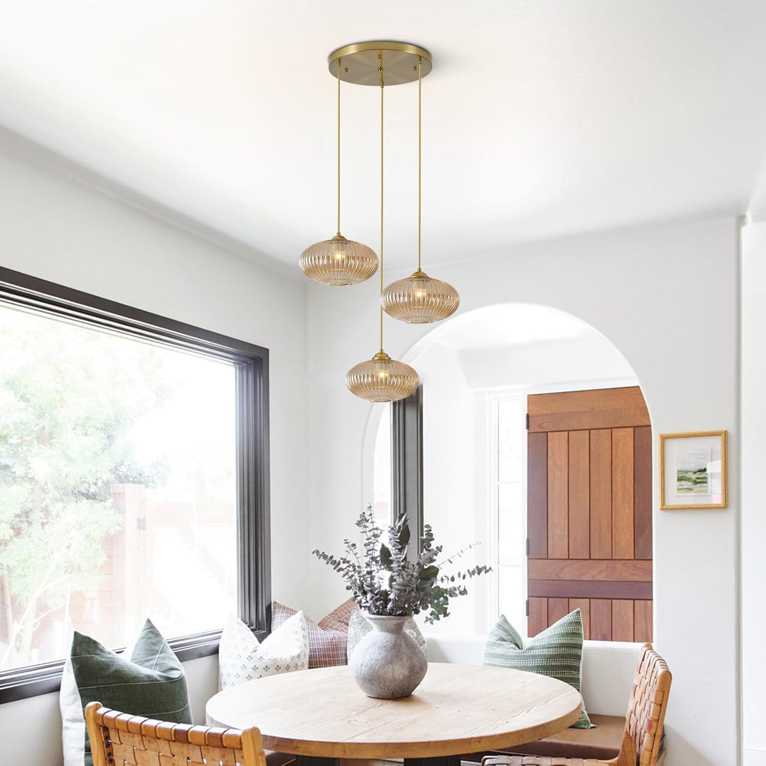 Modern Gold 3-Light Ribbed Glass Cluster Pendant Chandelier for Staircase and Foyer