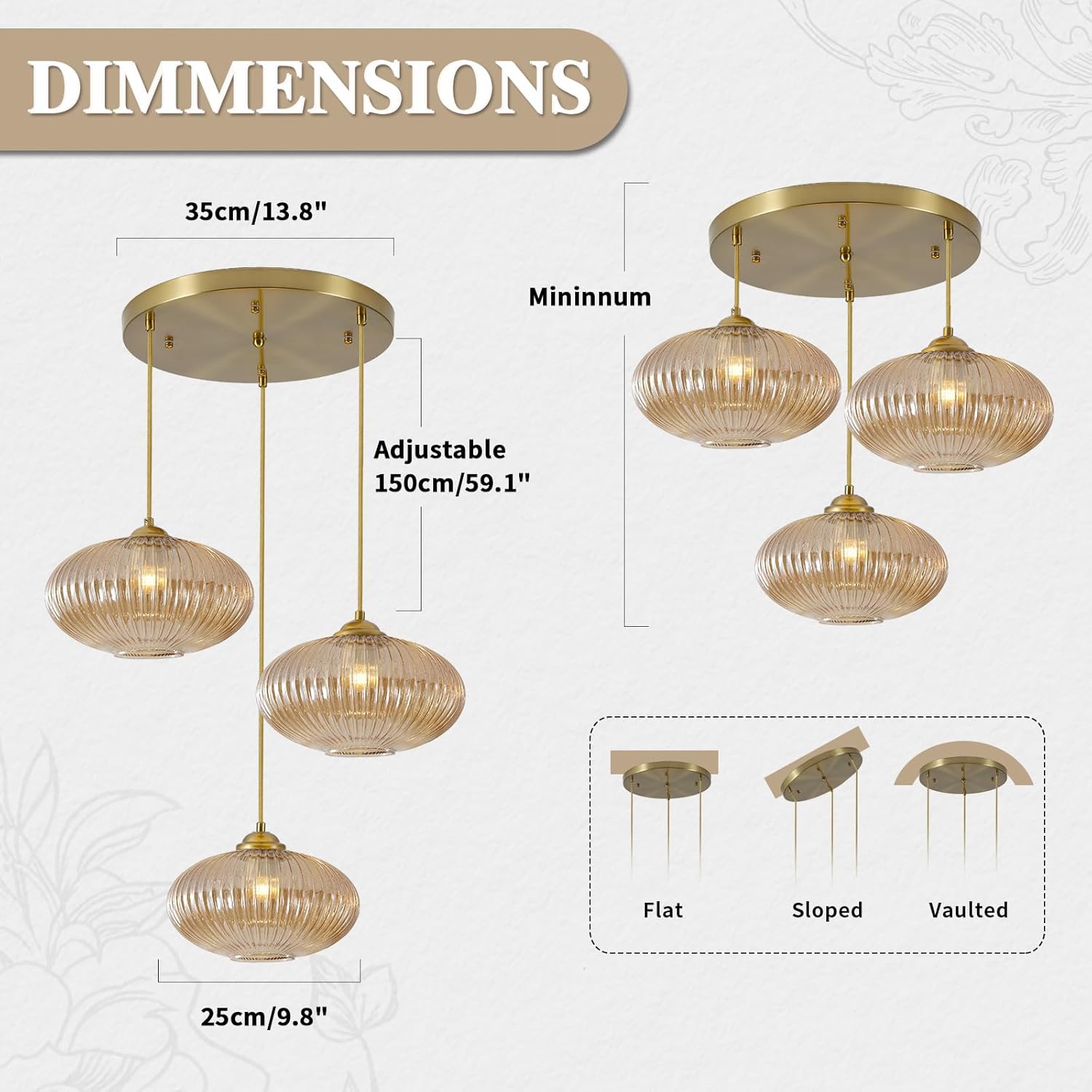 Modern Gold 3-Light Ribbed Glass Cluster Pendant Chandelier for Staircase and Foyer