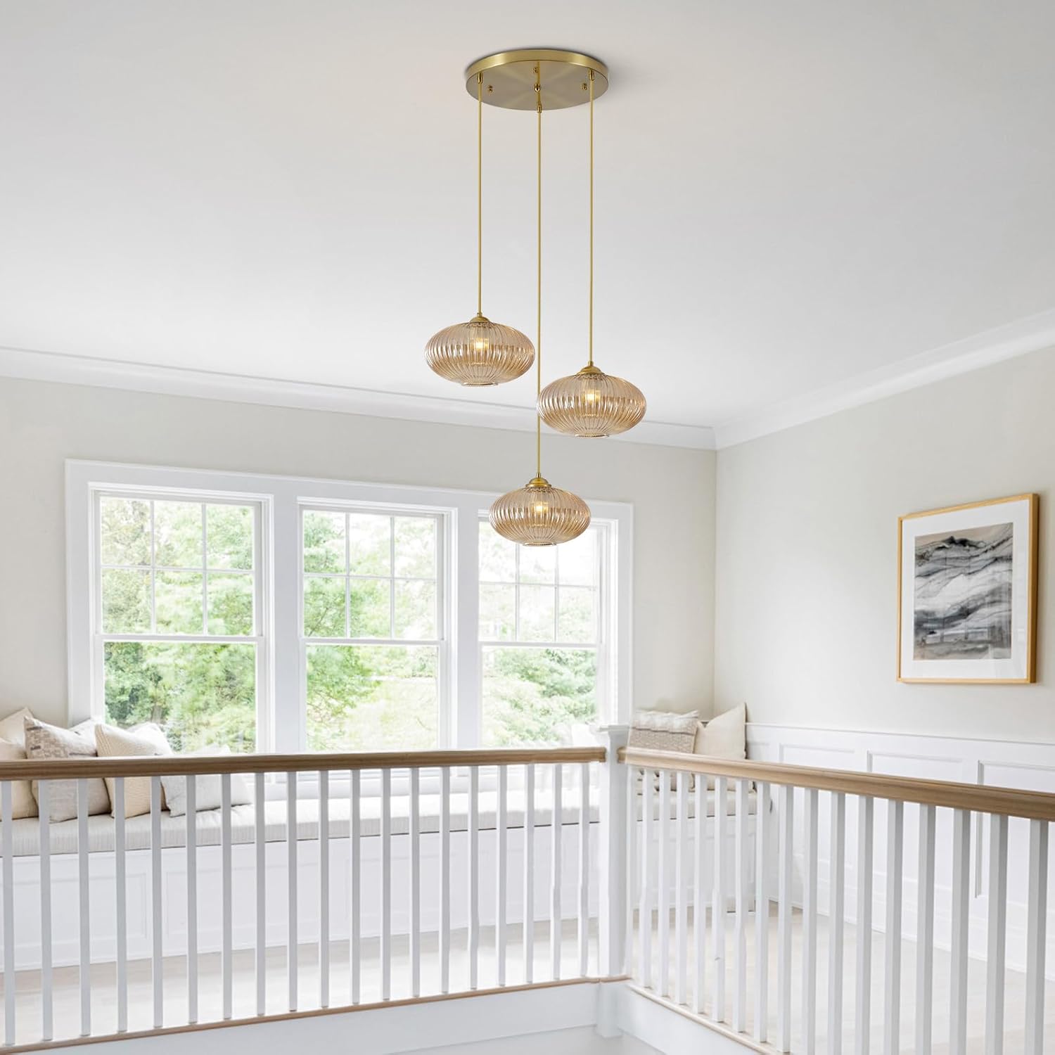 Modern Gold 3-Light Ribbed Glass Cluster Pendant Chandelier for Staircase and Foyer
