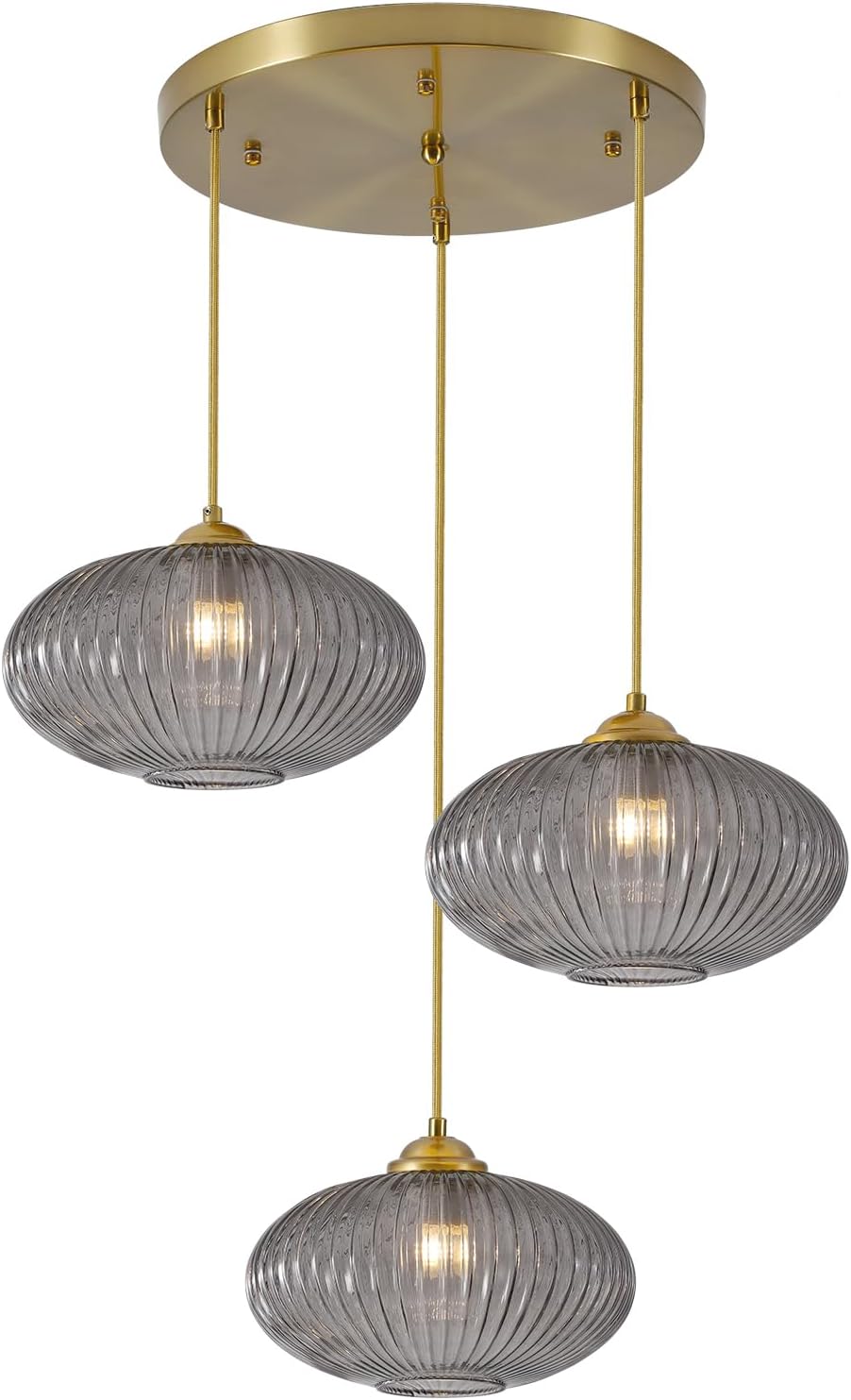 Modern Gold 3-Light Smoke Gray Ribbed Glass Cluster Pendant Chandelier for Staircase