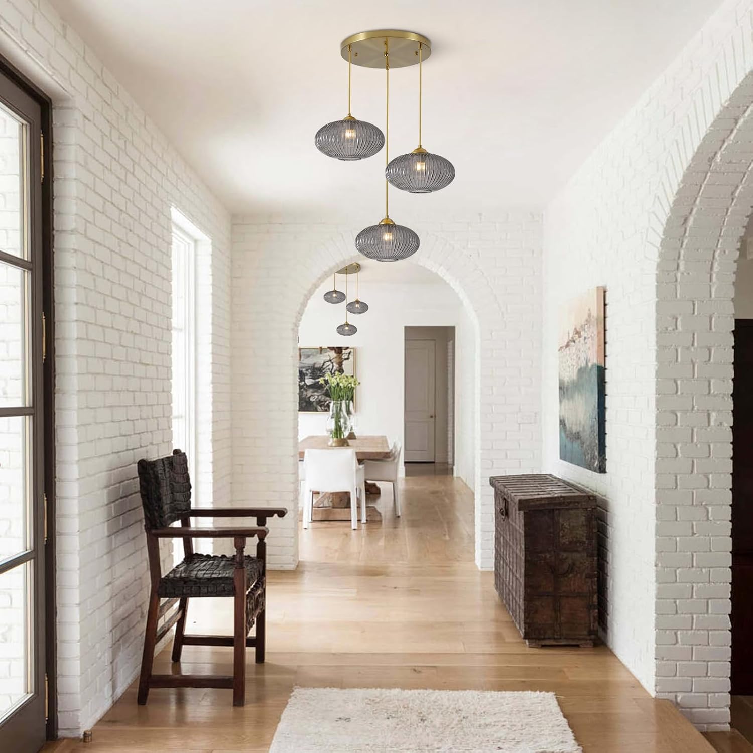 Modern Gold 3-Light Smoke Gray Ribbed Glass Cluster Pendant Chandelier for Staircase
