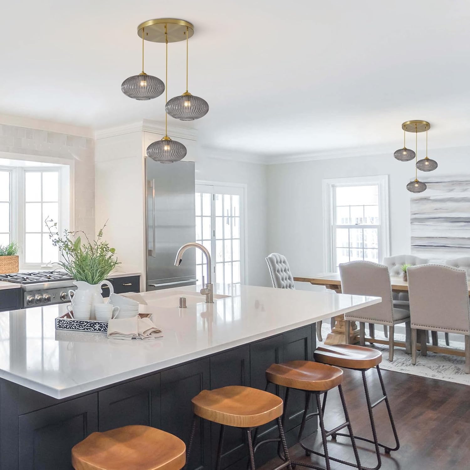Modern Gold 3-Light Smoke Gray Ribbed Glass Cluster Pendant Chandelier for Staircase