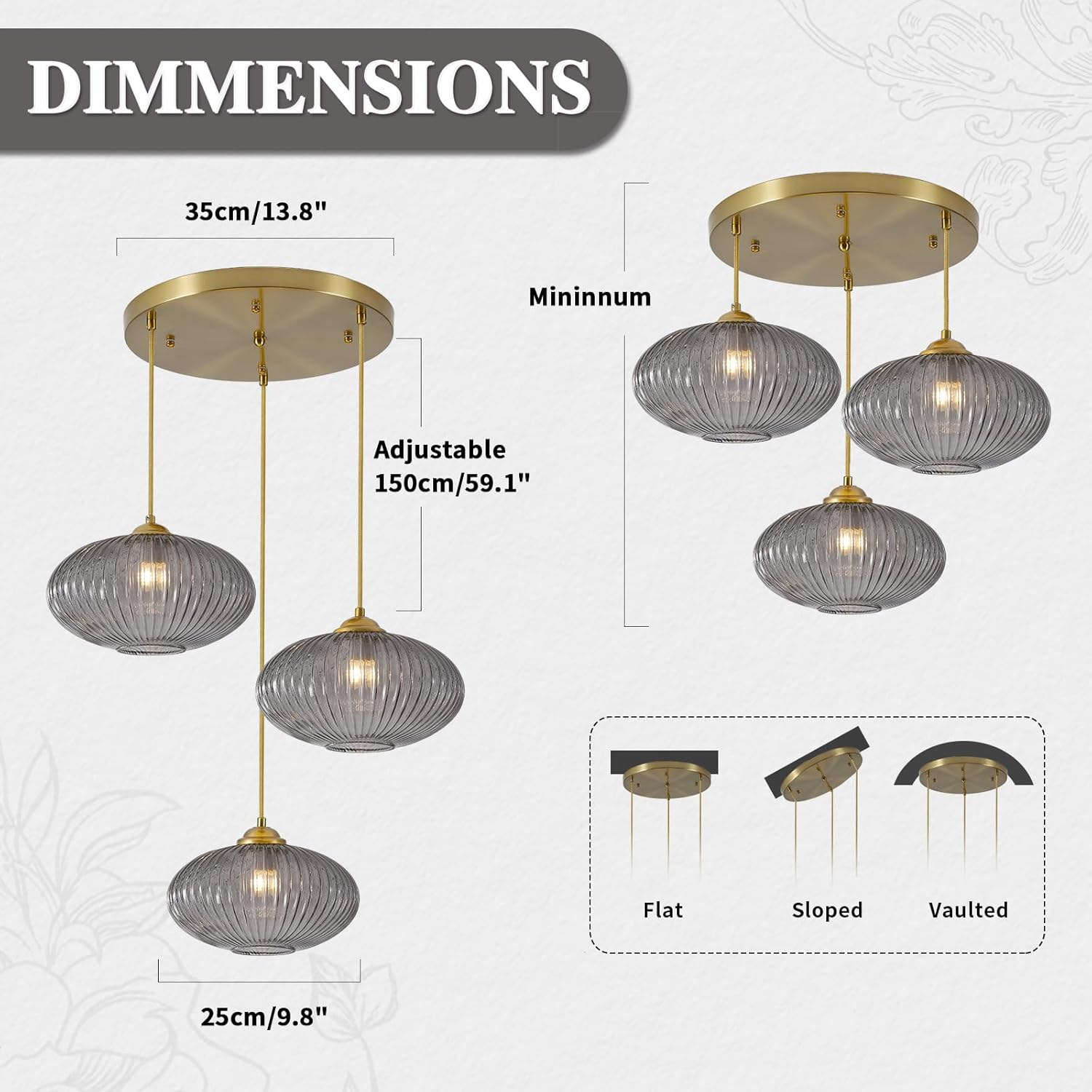 Modern Gold 3-Light Smoke Gray Ribbed Glass Cluster Pendant Chandelier for Staircase