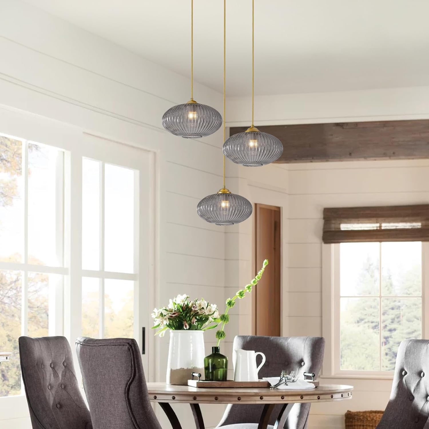 Modern Gold 3-Light Smoke Gray Ribbed Glass Cluster Pendant Chandelier for Staircase