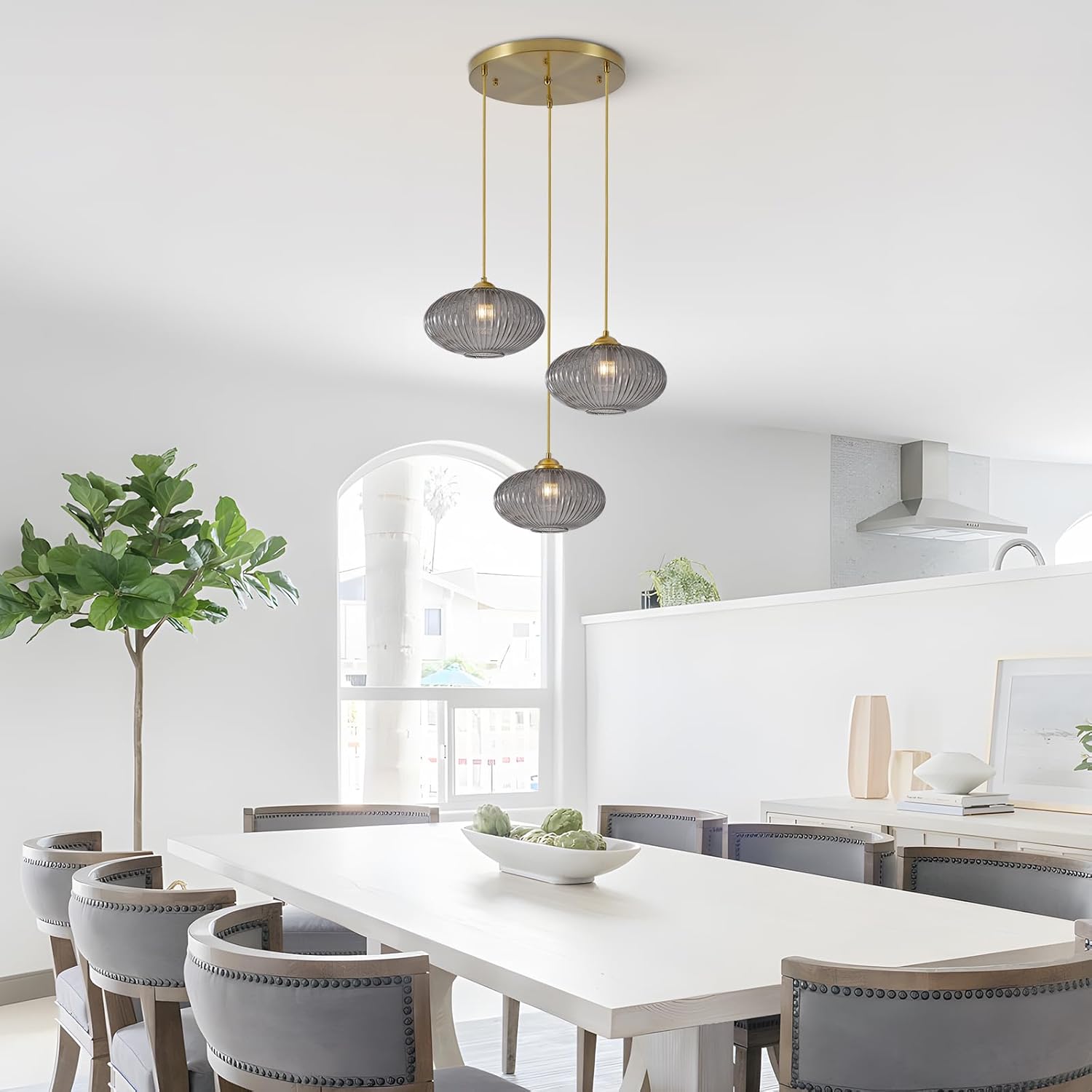 Modern Gold 3-Light Smoke Gray Ribbed Glass Cluster Pendant Chandelier for Staircase