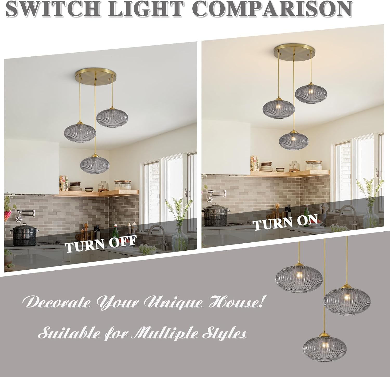 Modern Gold 3-Light Smoke Gray Ribbed Glass Cluster Pendant Chandelier for Staircase