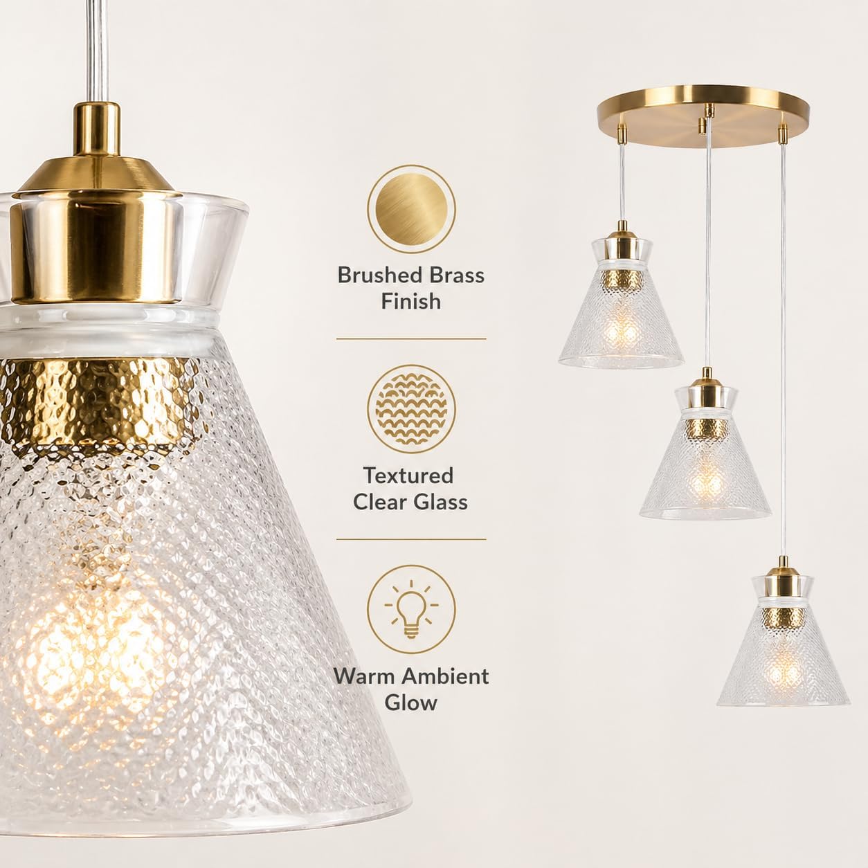 Modern Gold 3 Light Glass Pendant Chandelier Adjustable Ceiling Hanging Light