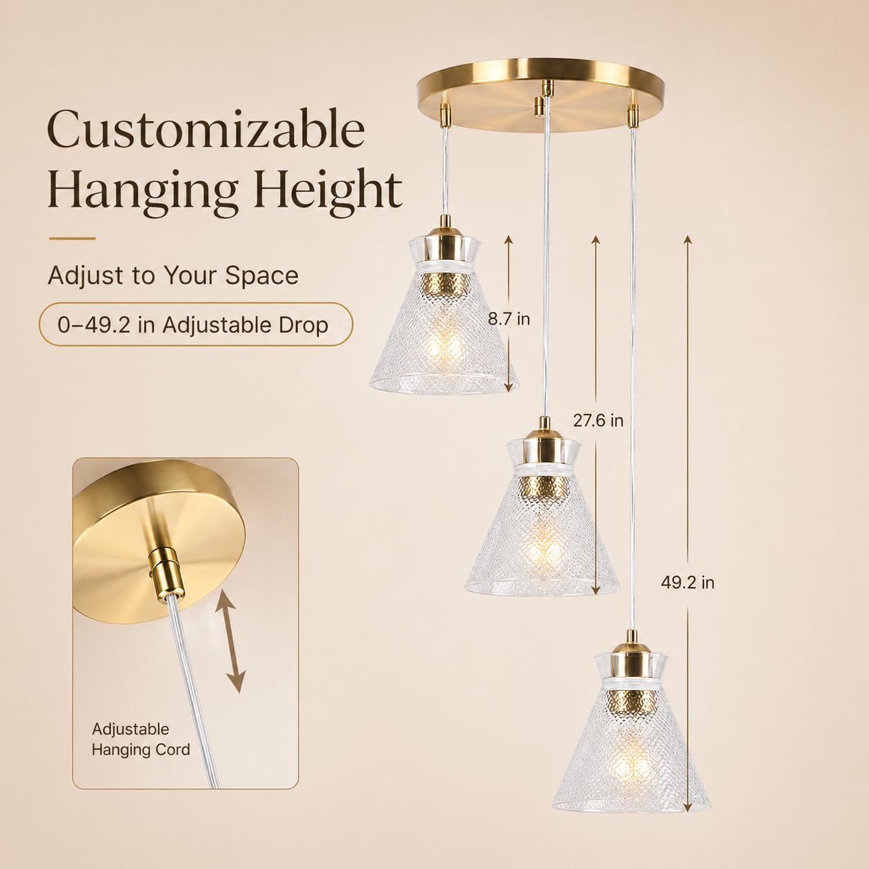 Modern Gold 3 Light Glass Pendant Chandelier Adjustable Ceiling Hanging Light