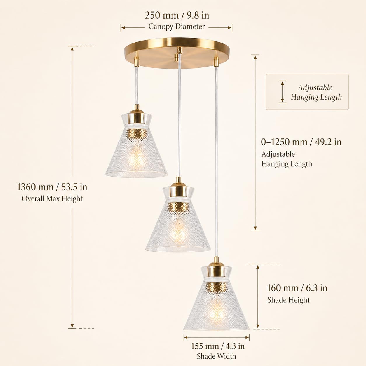 Modern Gold 3 Light Glass Pendant Chandelier Adjustable Ceiling Hanging Light