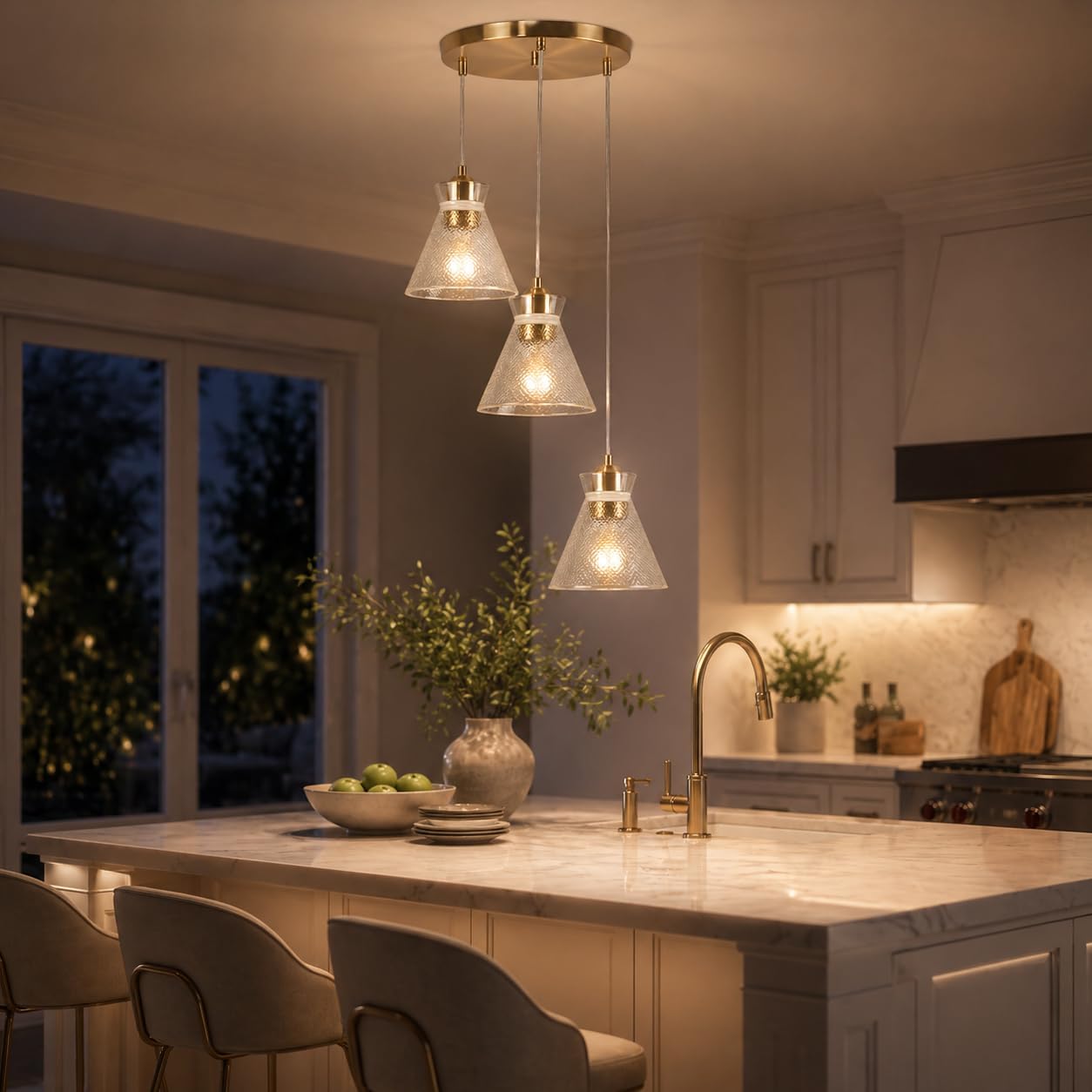 Modern Gold 3 Light Glass Pendant Chandelier Adjustable Ceiling Hanging Light