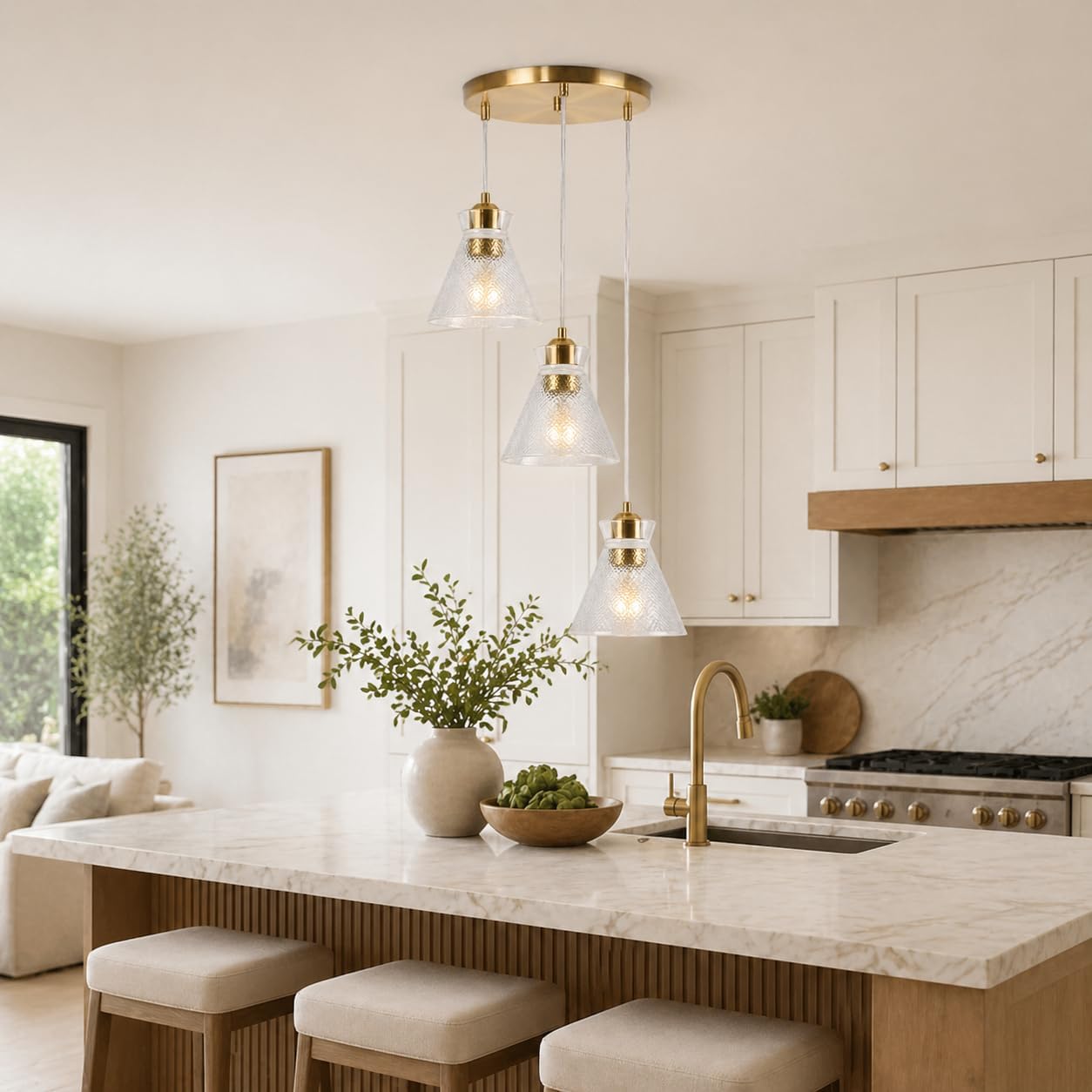 Modern Gold 3 Light Glass Pendant Chandelier Adjustable Ceiling Hanging Light