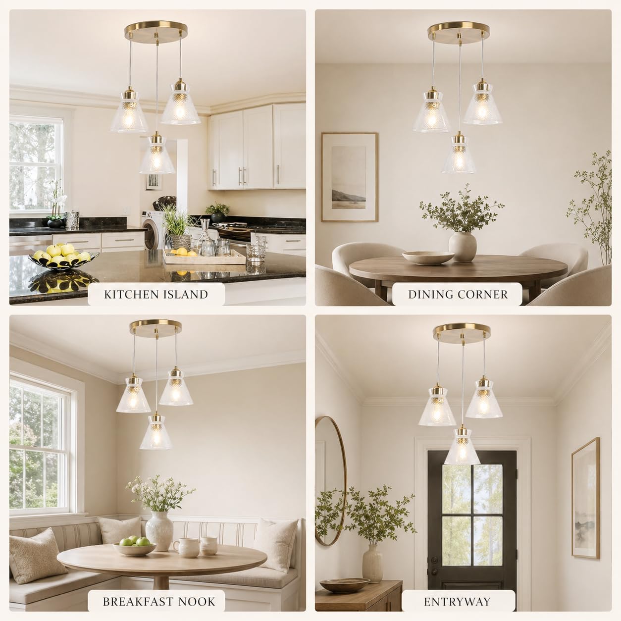 Modern Gold 3 Light Glass Pendant Chandelier Adjustable Ceiling Hanging Light