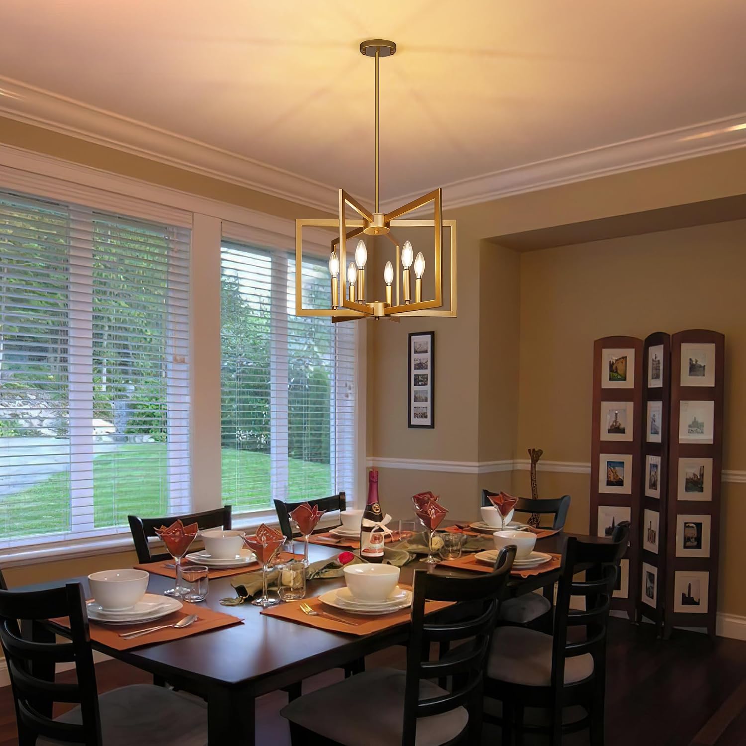 Modern Gold 6-Light Geometric Chandelier Adjustable Height Hotel Project Pendant Lighting