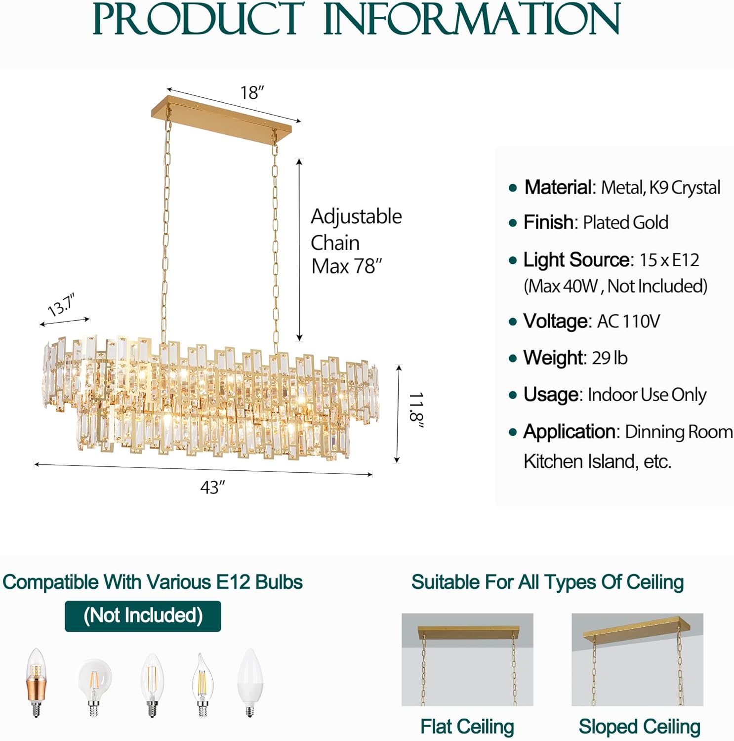 Luxury Gold Crystal Island Chandelier Modern Rectangular Dining Room Pendant Light