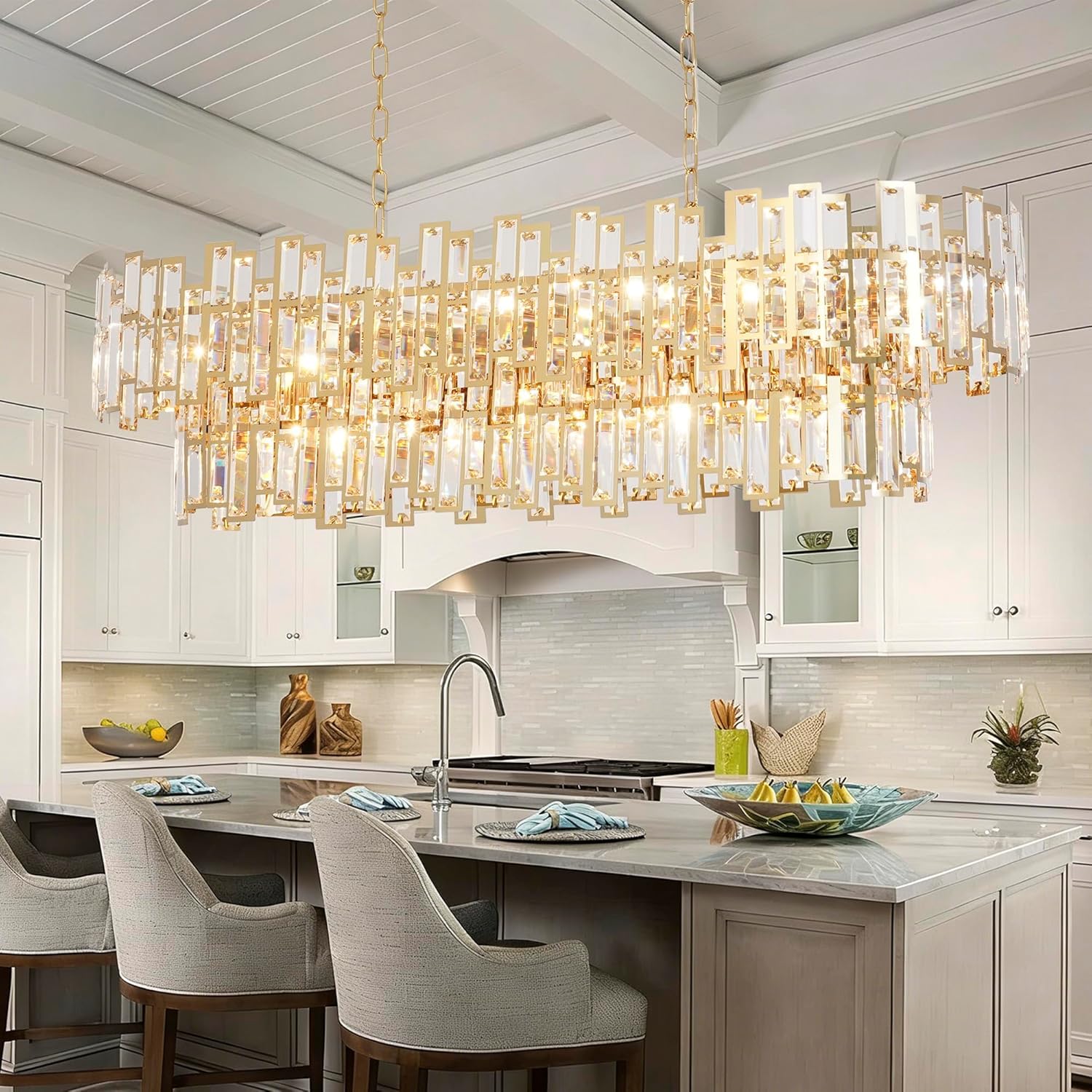 Luxury Gold Crystal Island Chandelier Modern Rectangular Dining Room Pendant Light