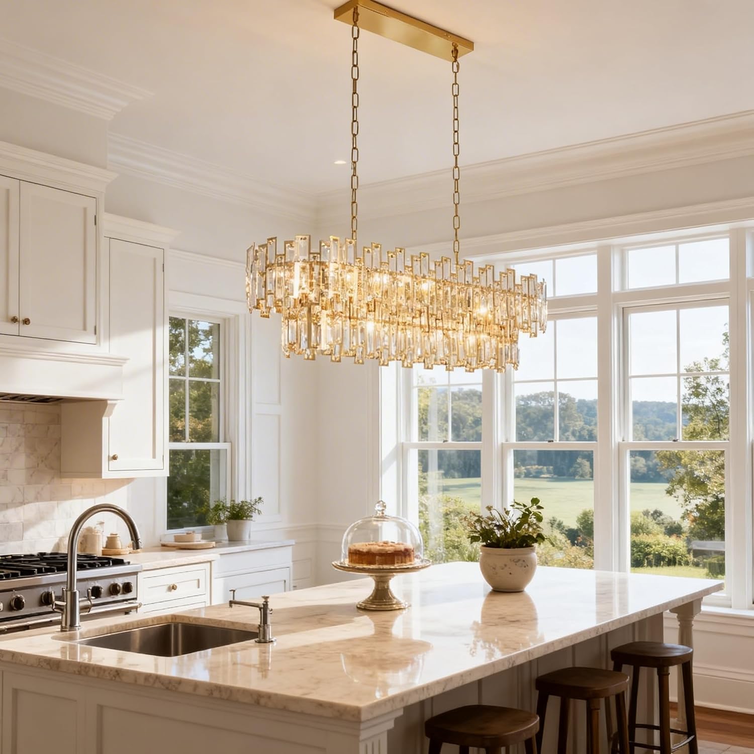 Luxury Gold Crystal Island Chandelier Modern Rectangular Dining Room Pendant Light